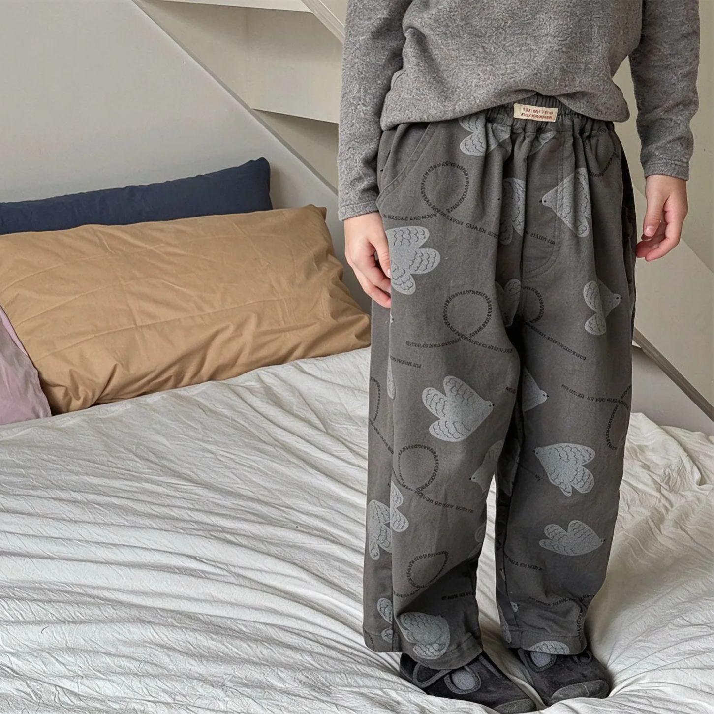 Kids Bird Letter Print Washed Denim Pants