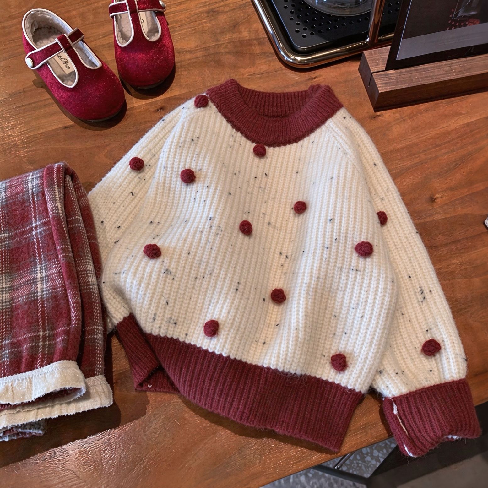Kids Polka Dot Sweater and Fleece Lined Checkered Pants Set
