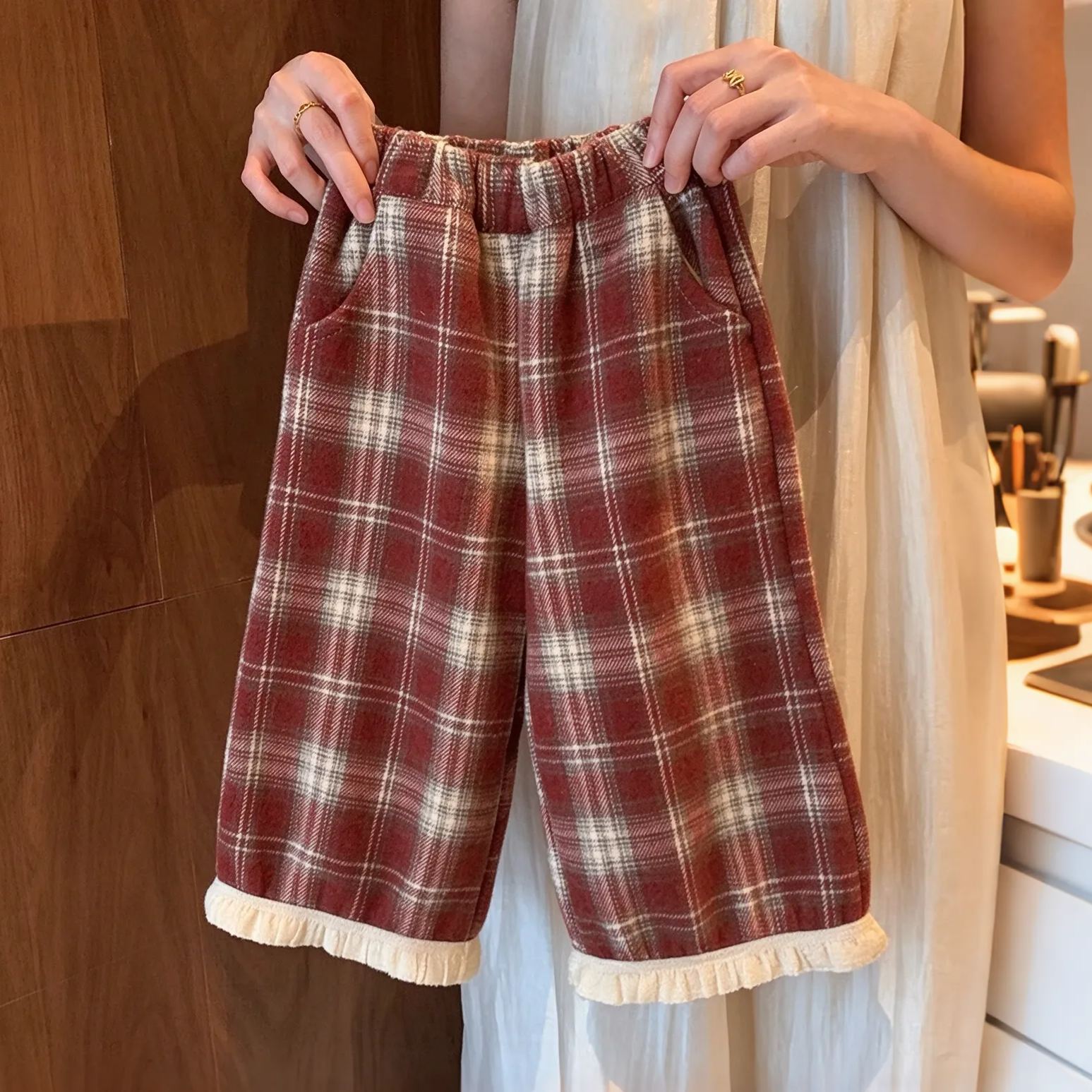 Kids Polka Dot Sweater and Fleece Lined Checkered Pants Set