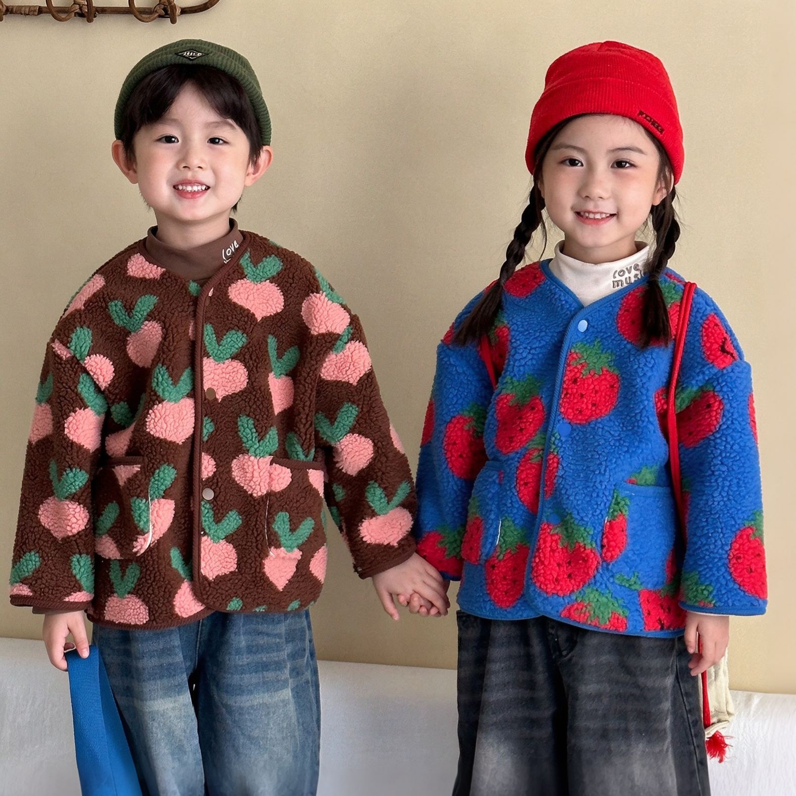 Kids Fruit Animals Print Lambswool Outerwear