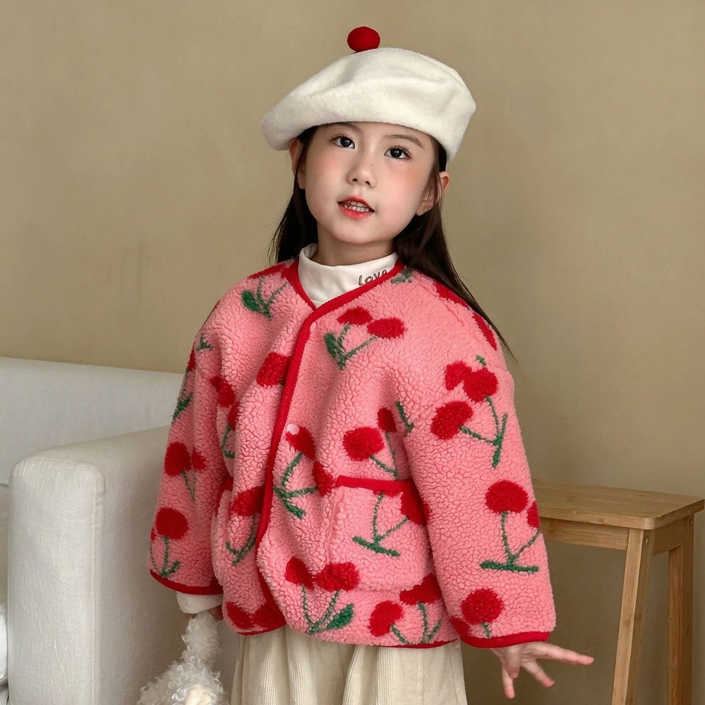Kids Fruit Animals Print Lambswool Outerwear