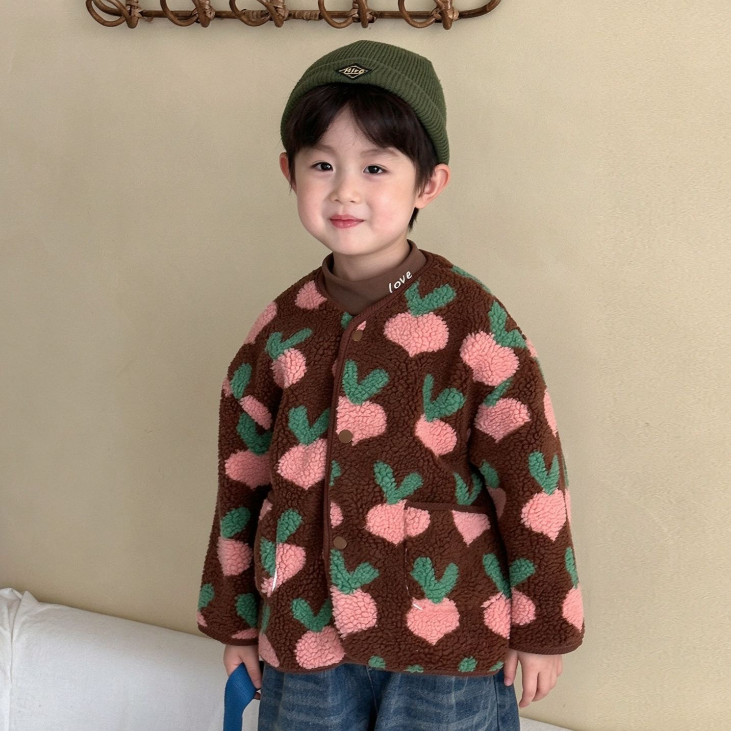 Kids Fruit Animals Print Lambswool Outerwear