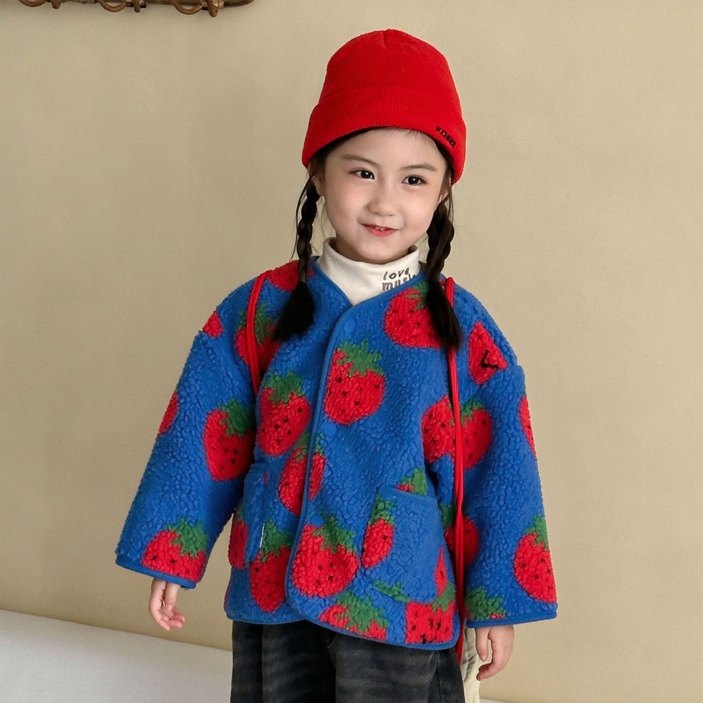 Kids Fruit Animals Print Lambswool Outerwear