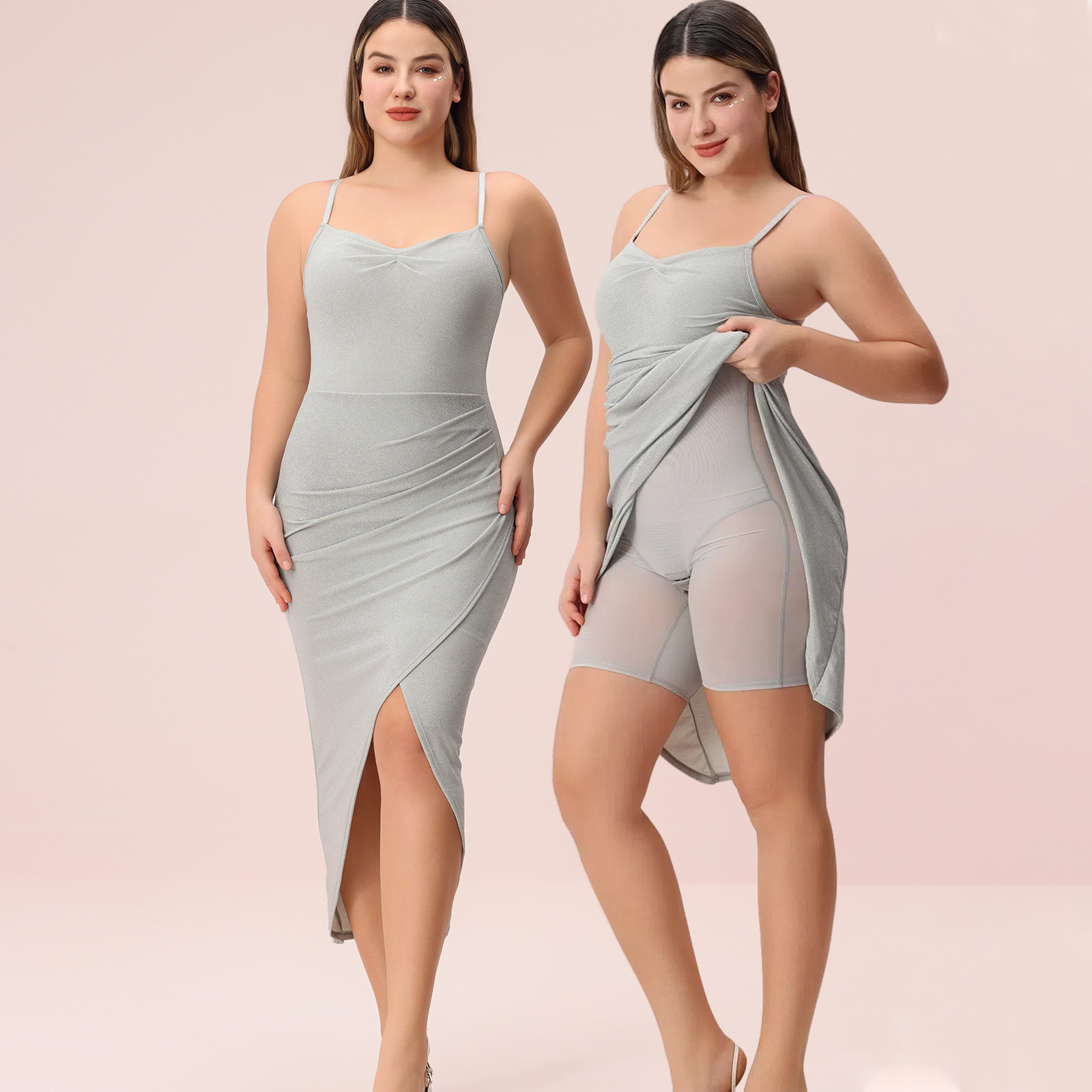 Glitter Tight Tummy Control Shaper Dress with Shapewear Bodysuit -Grey