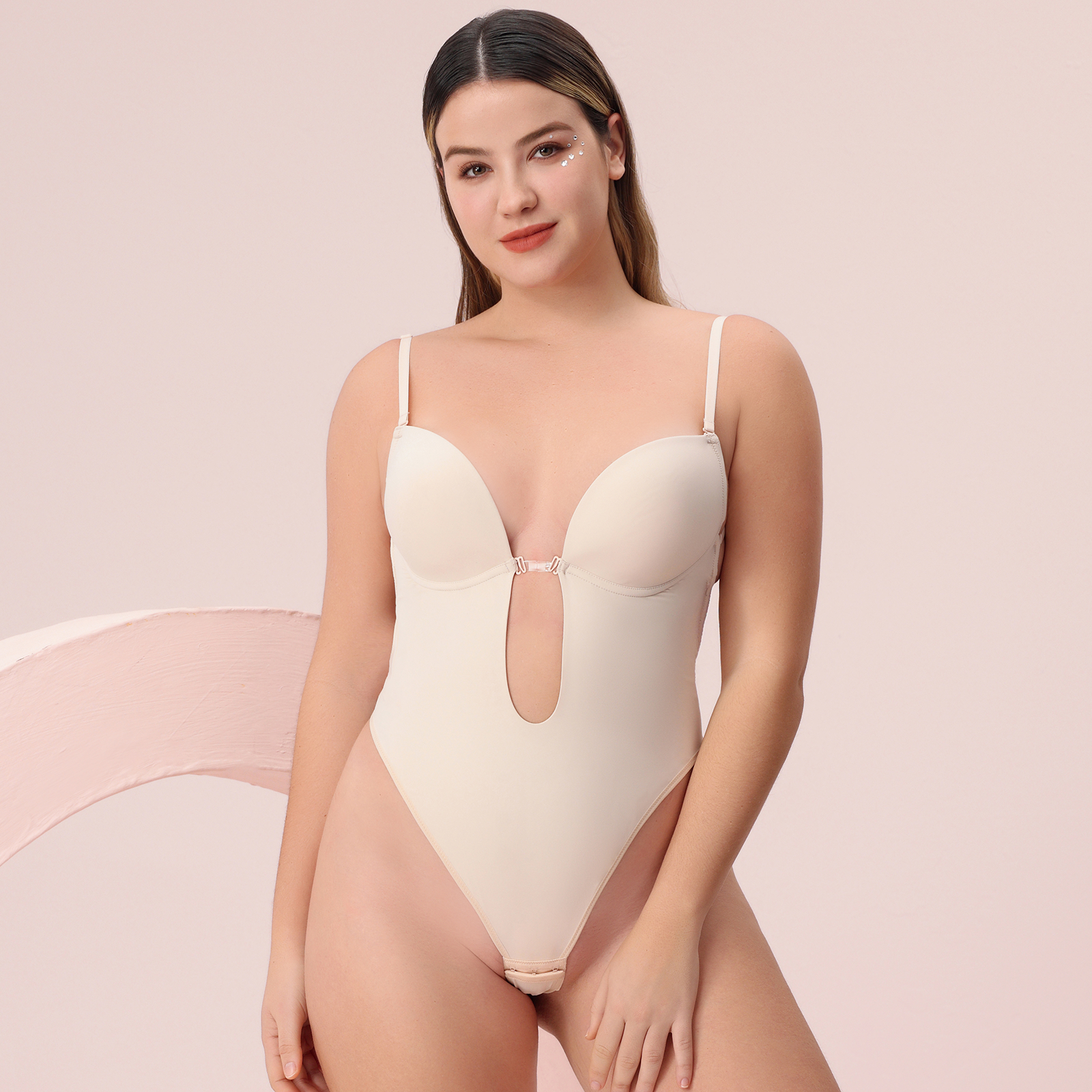 Stereoscopic Cups Backless Plunge Shapewear Bodysuit - Beige