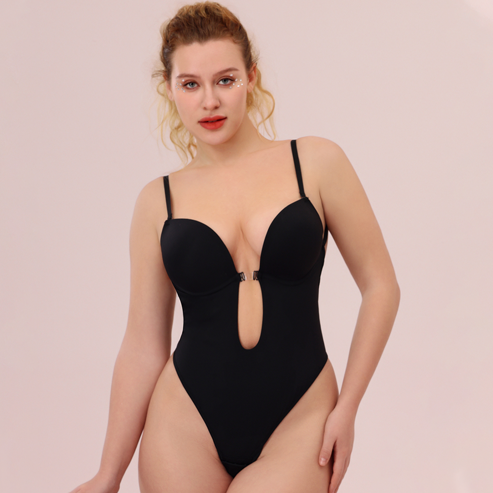 Stereoscopic Cups Backless Plunge Shapewear Bodysuit-Black