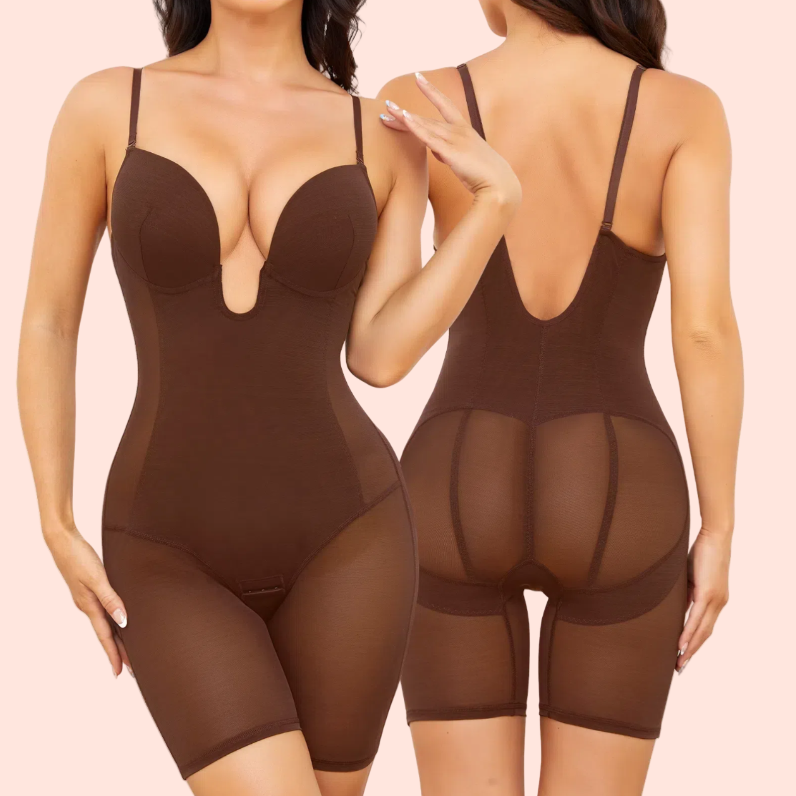 U Plunge Mid Thigh Shapewear Bodysuit - Coffee