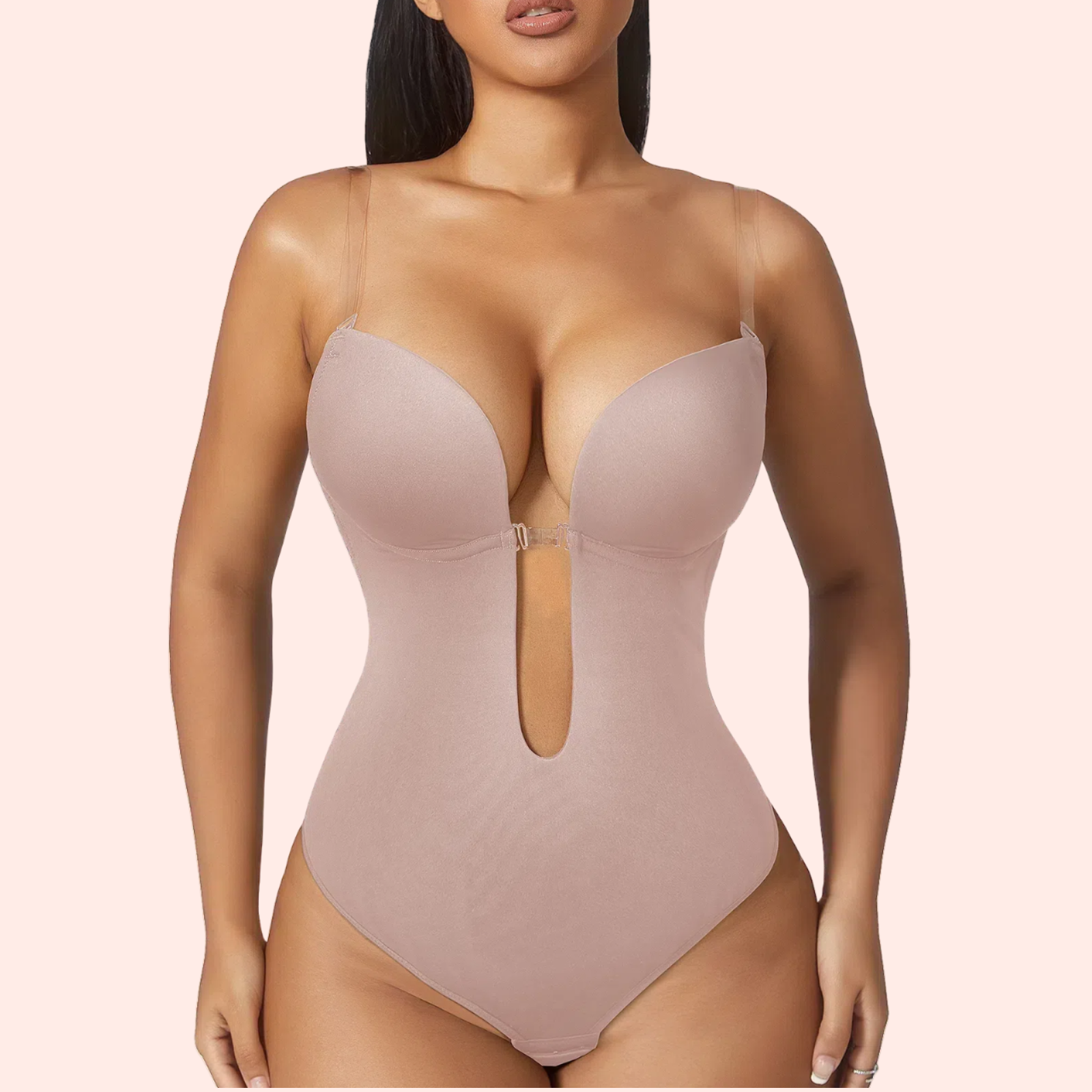Stereoscopic Cups Backless Plunge Shapewear Bodysuit - Pink