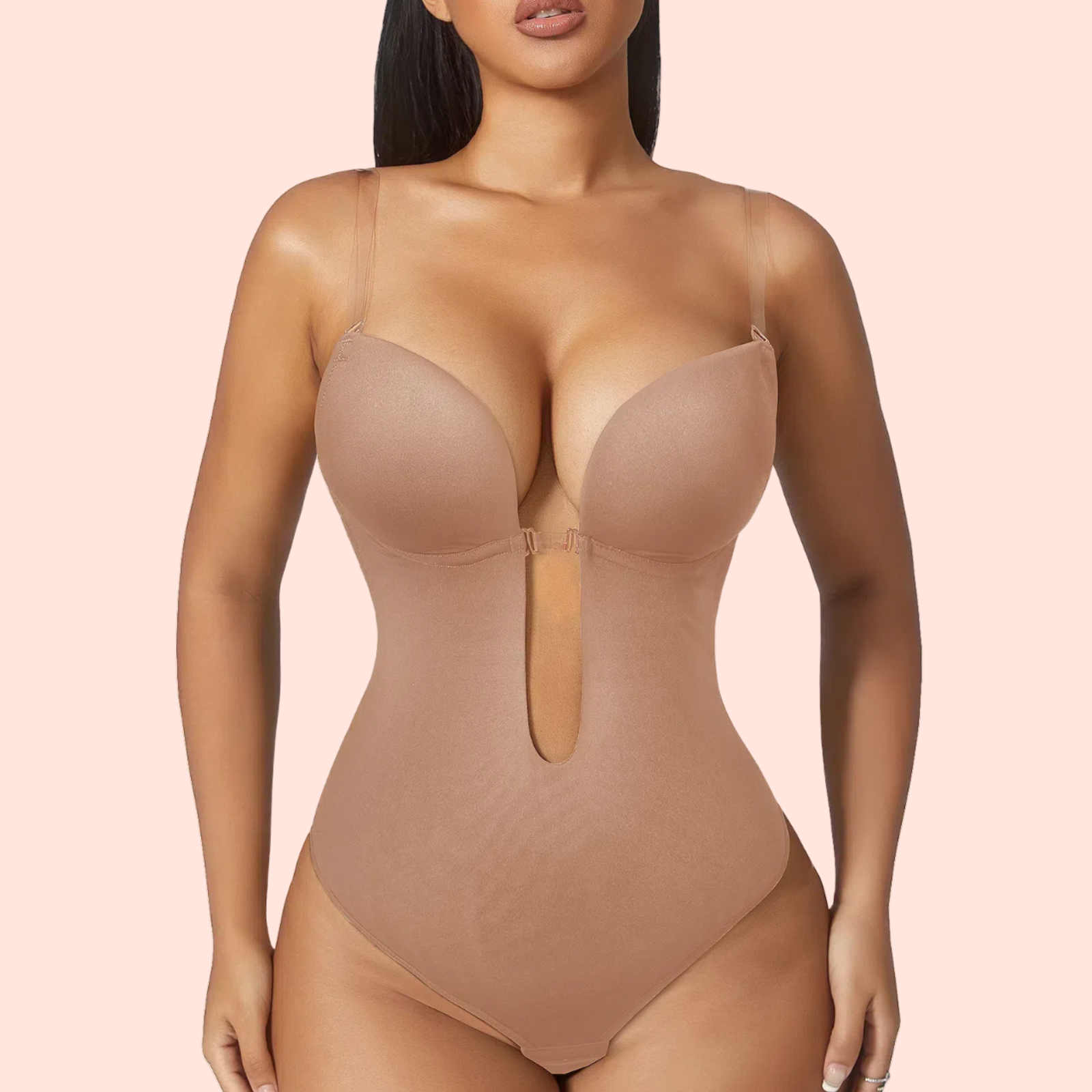 Stereoscopic Cups Backless Plunge Shapewear Bodysuit-Skin Pink