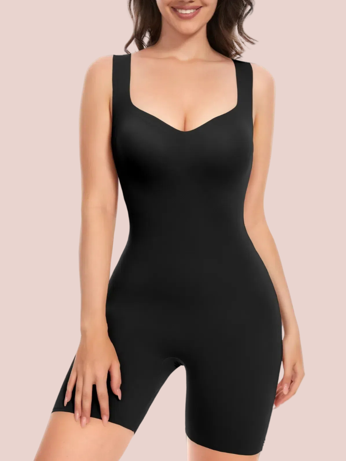 Seamless Mid Thigh Bodysuit Built In Bra-Black