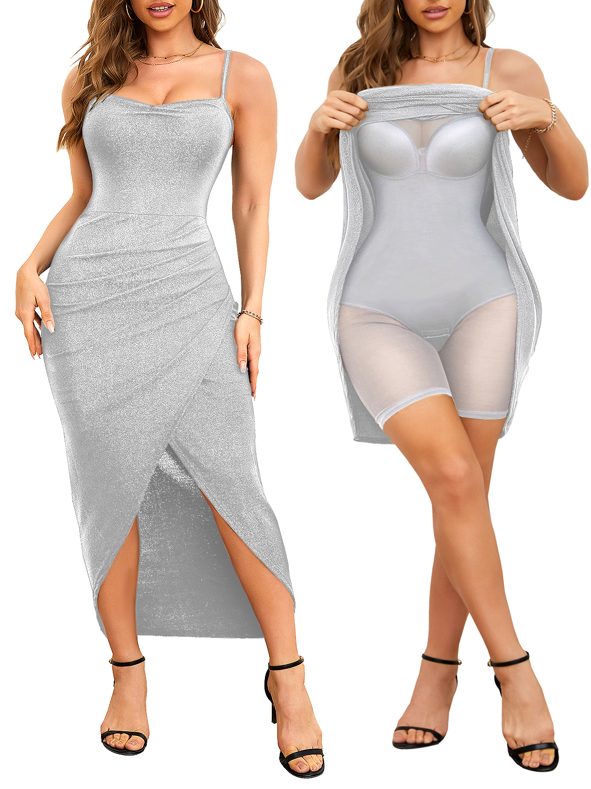 Glitter Tight Tummy Control Shaper Dress with Bodysuit -Gold