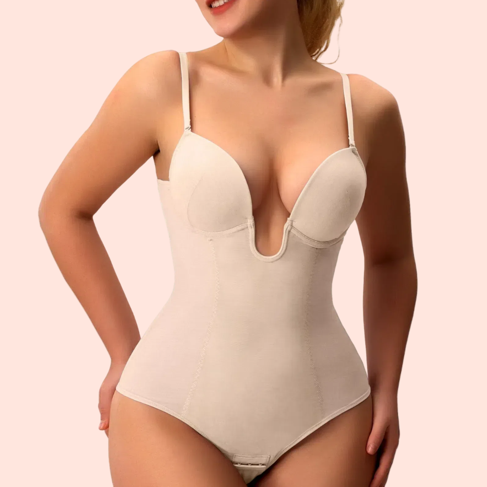  U Plunge Thong Shapewear Bodysuit - Beige