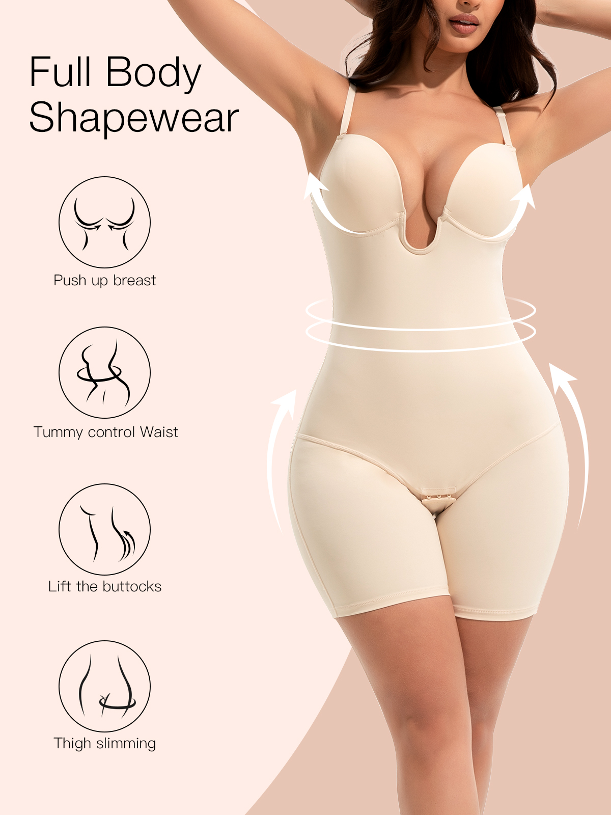 U Plunge Open Crotch Open Back Mid-thighs Shapewear Bodysuit- Beige