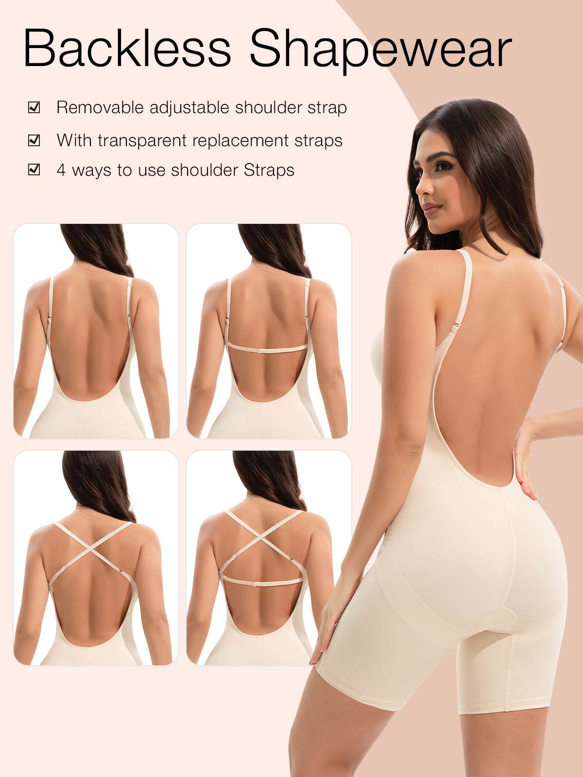 U Plunge Open Crotch Open Back Mid-thighs Shapewear Bodysuit- Beige