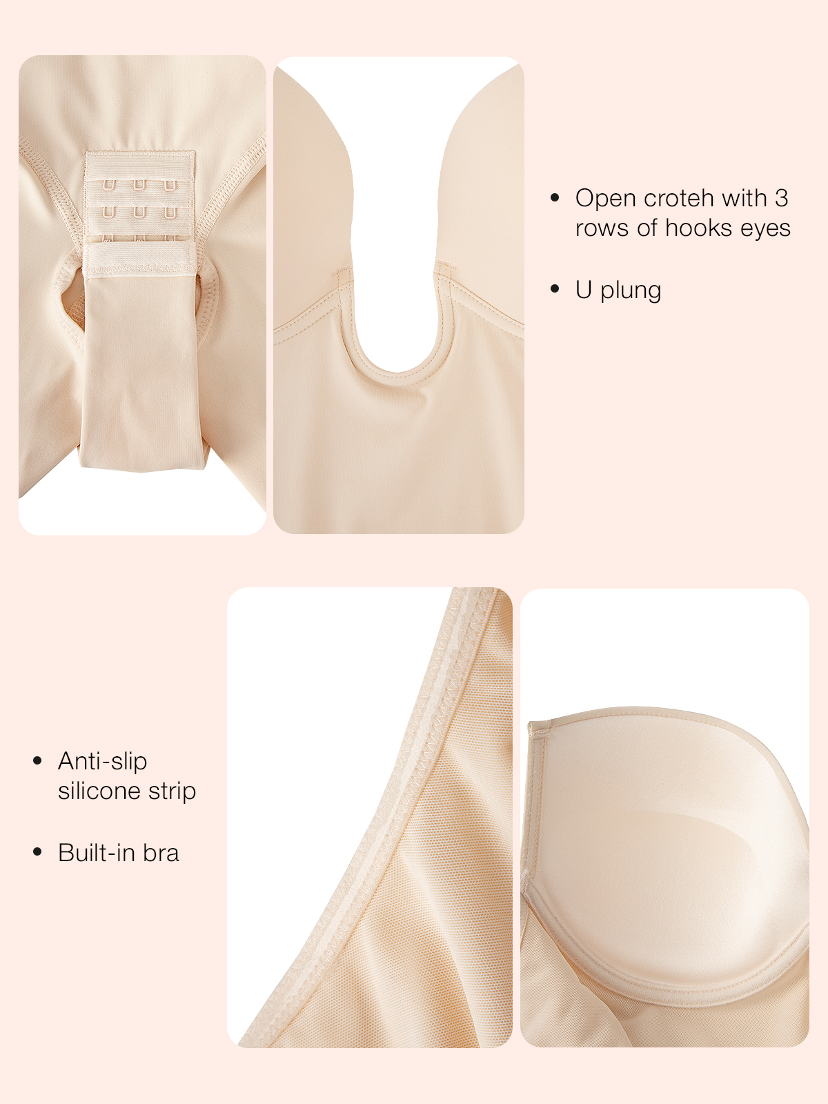 U Plunge Open Crotch Open Back Mid-thighs Shapewear Bodysuit- Beige