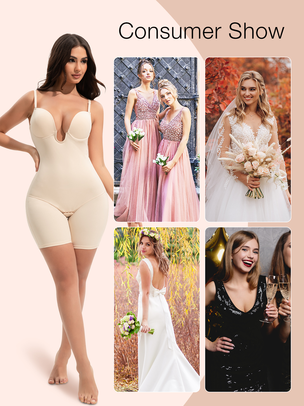 U Plunge Open Crotch Open Back Mid-thighs Shapewear Bodysuit- Beige