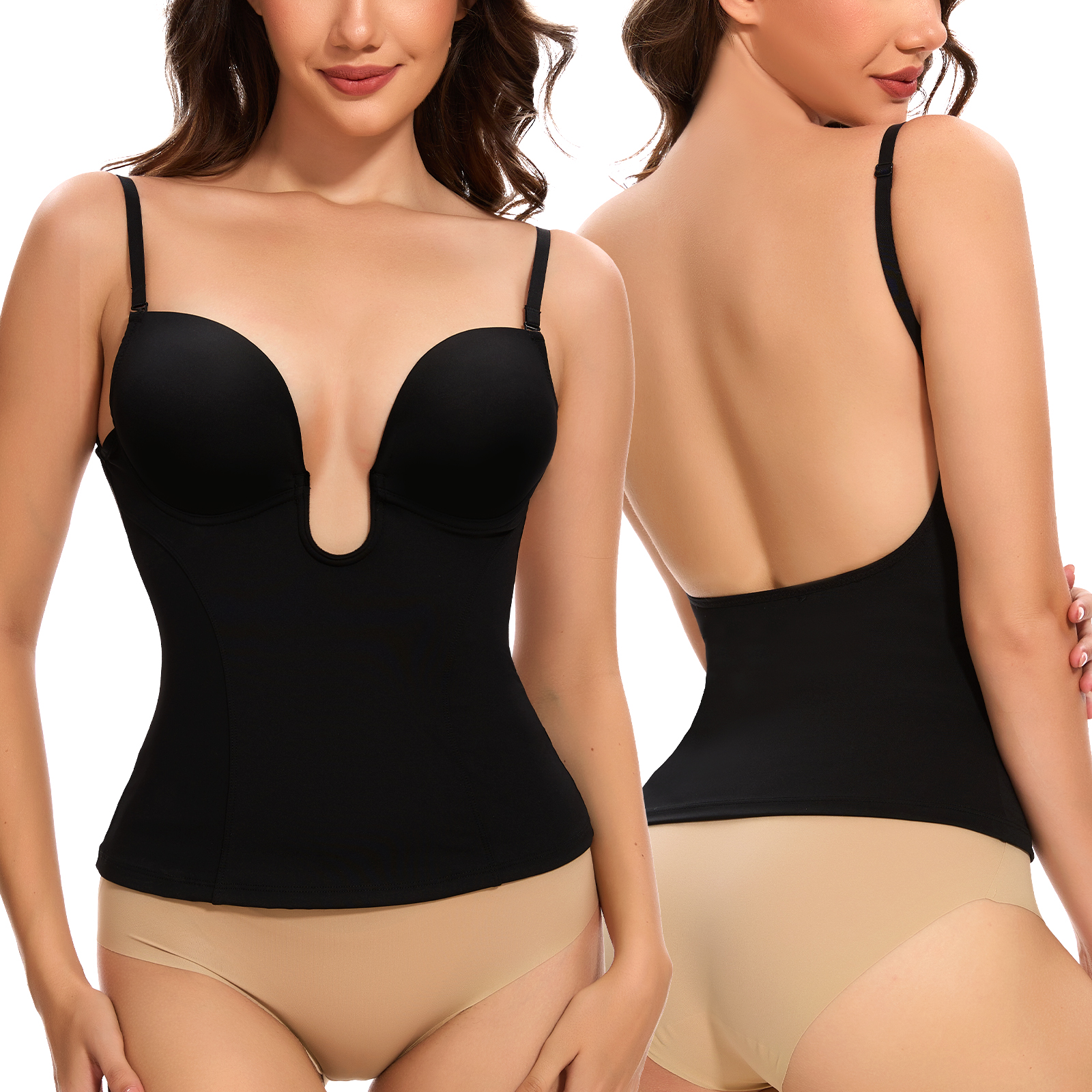 U Plung Cami Low-back Shapewear Tops-Instant Tummy Control Breast Lifting