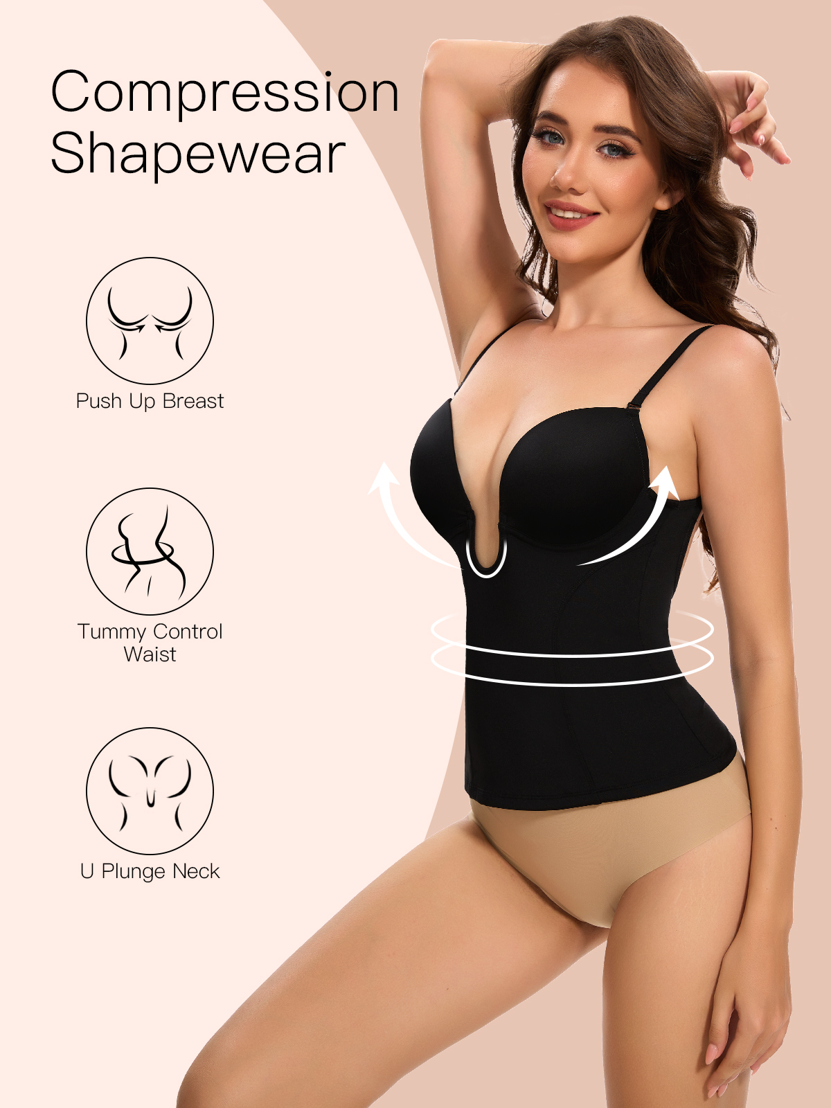 U Plung Cami Low-back Shapewear Tops-Instant Tummy Control Breast Lifting