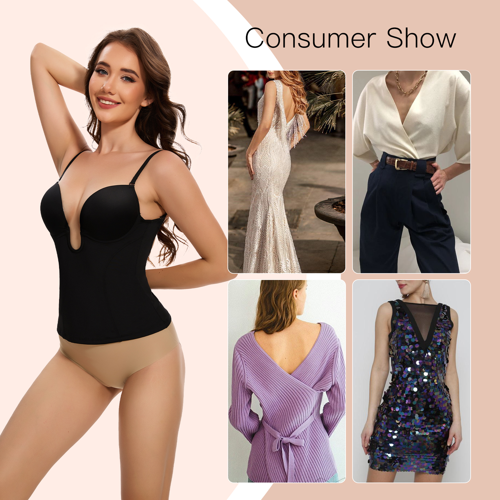 U Plung Cami Low-back Shapewear Tops-Instant Tummy Control Breast Lifting