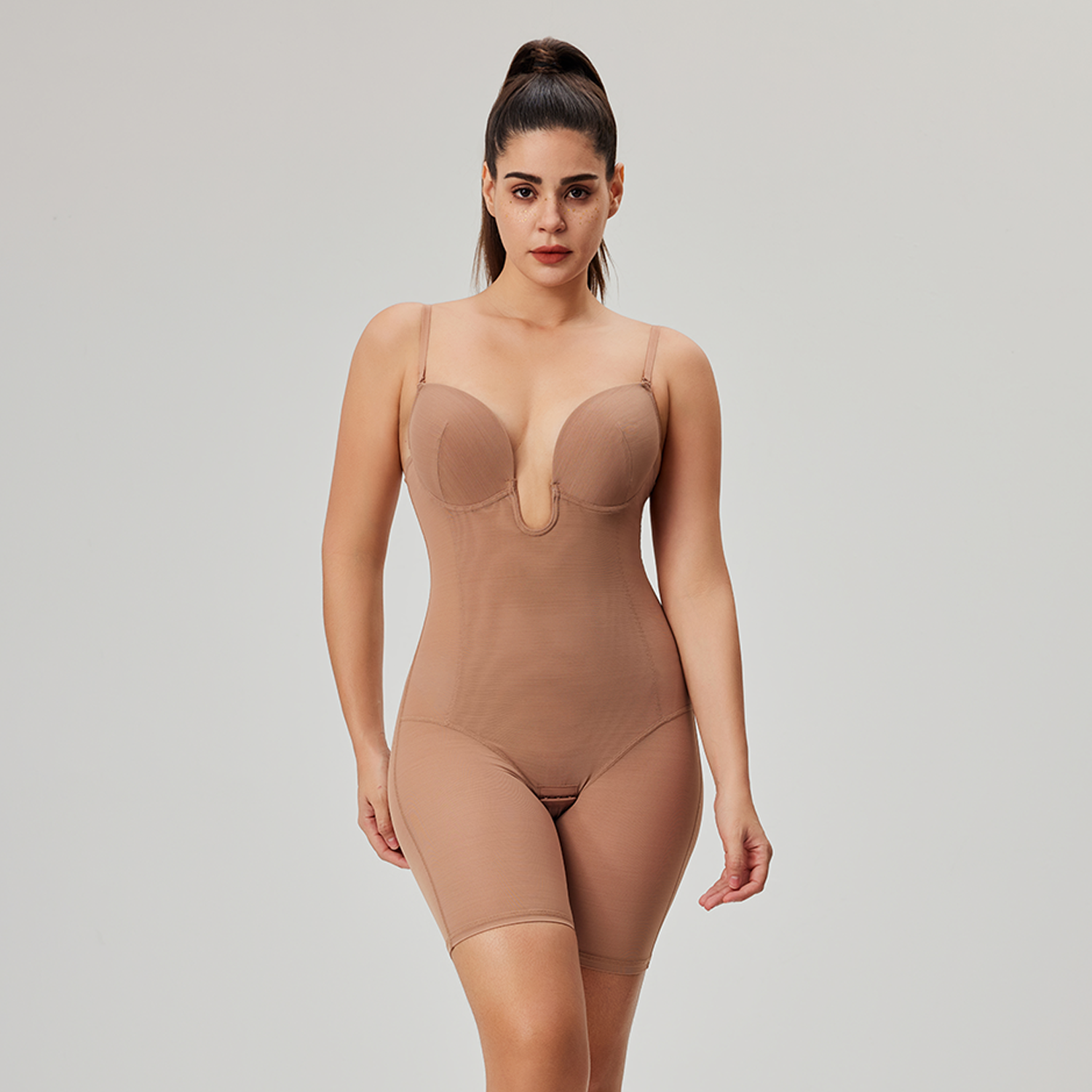 Seamless U Plunge Mid Thigh Bodysuit - Brown