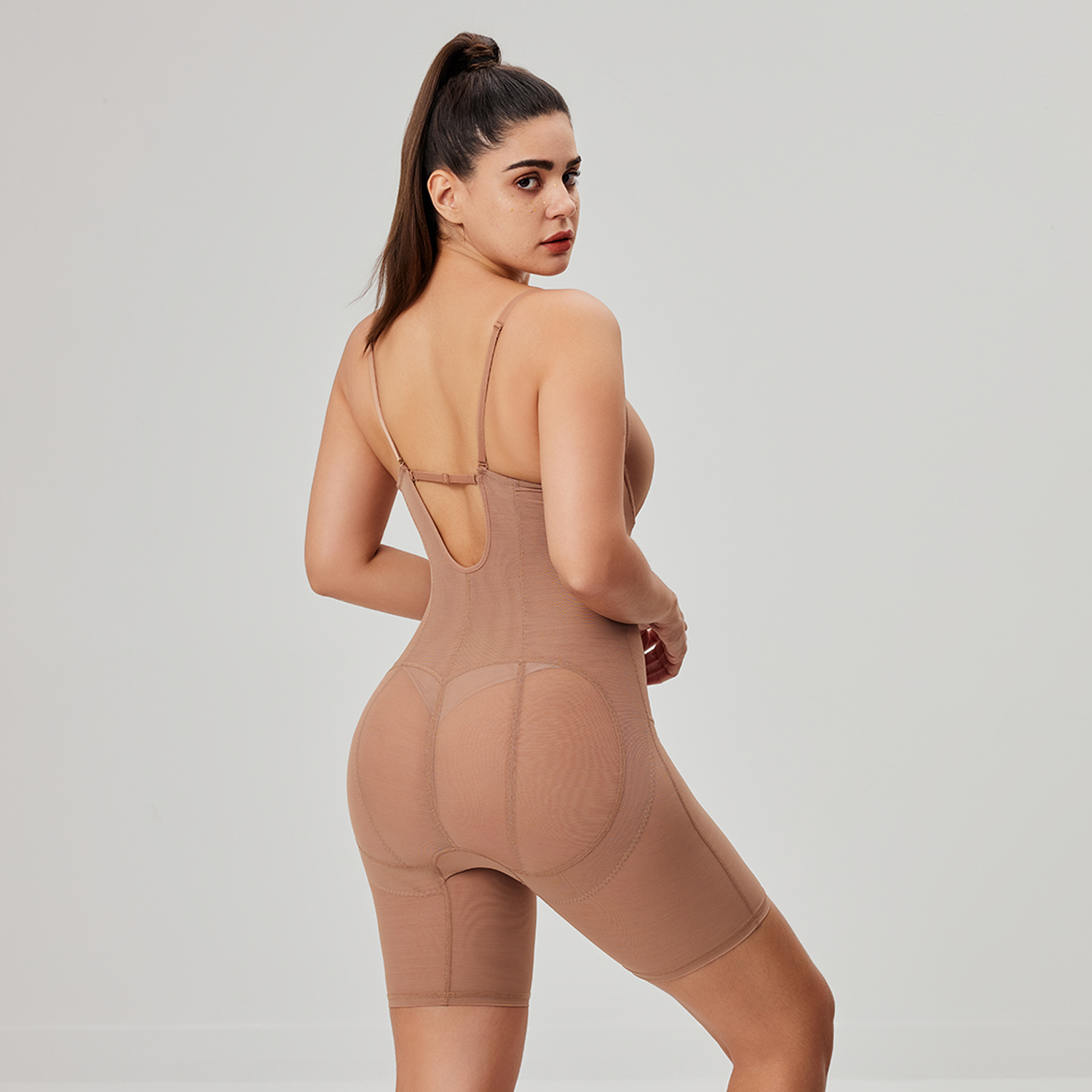 Seamless U Plunge Mid Thigh Bodysuit - Brown