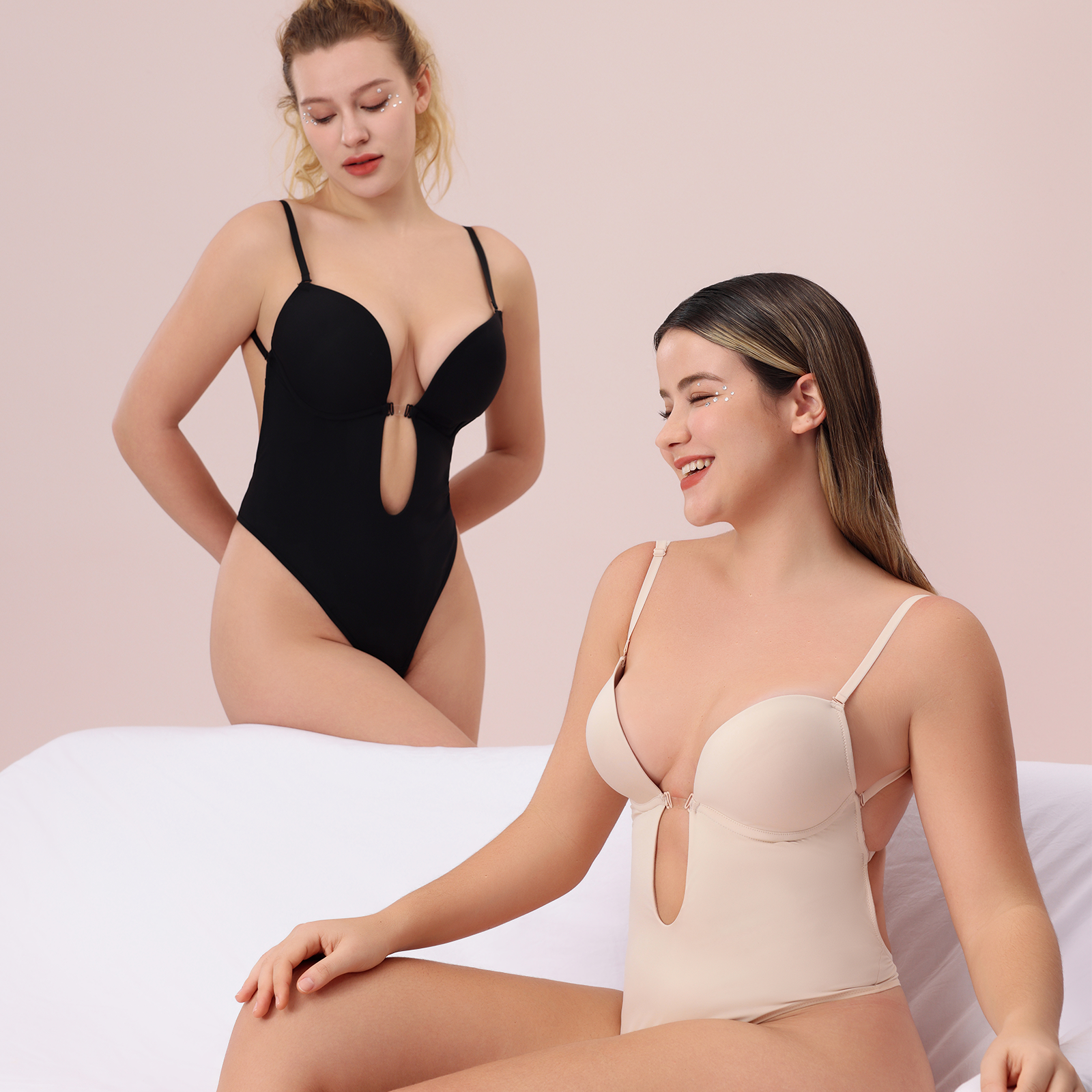 Stereoscopic Cups Backless Plunge Shapewear Bodysuit - Pink