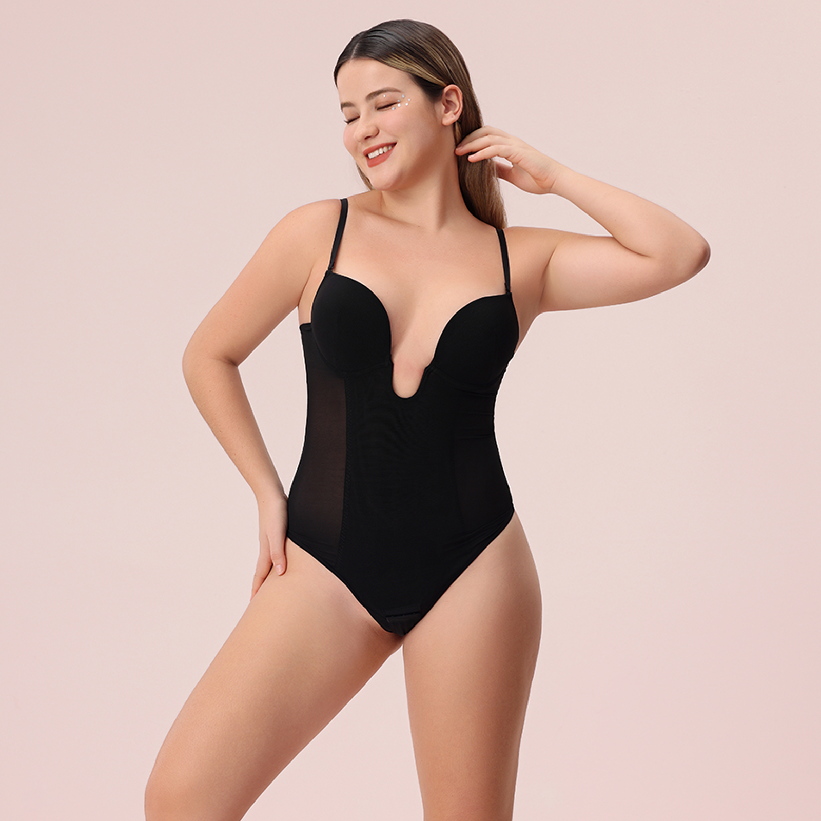  U Plunge Thong Shapewear Bodysuit - Black