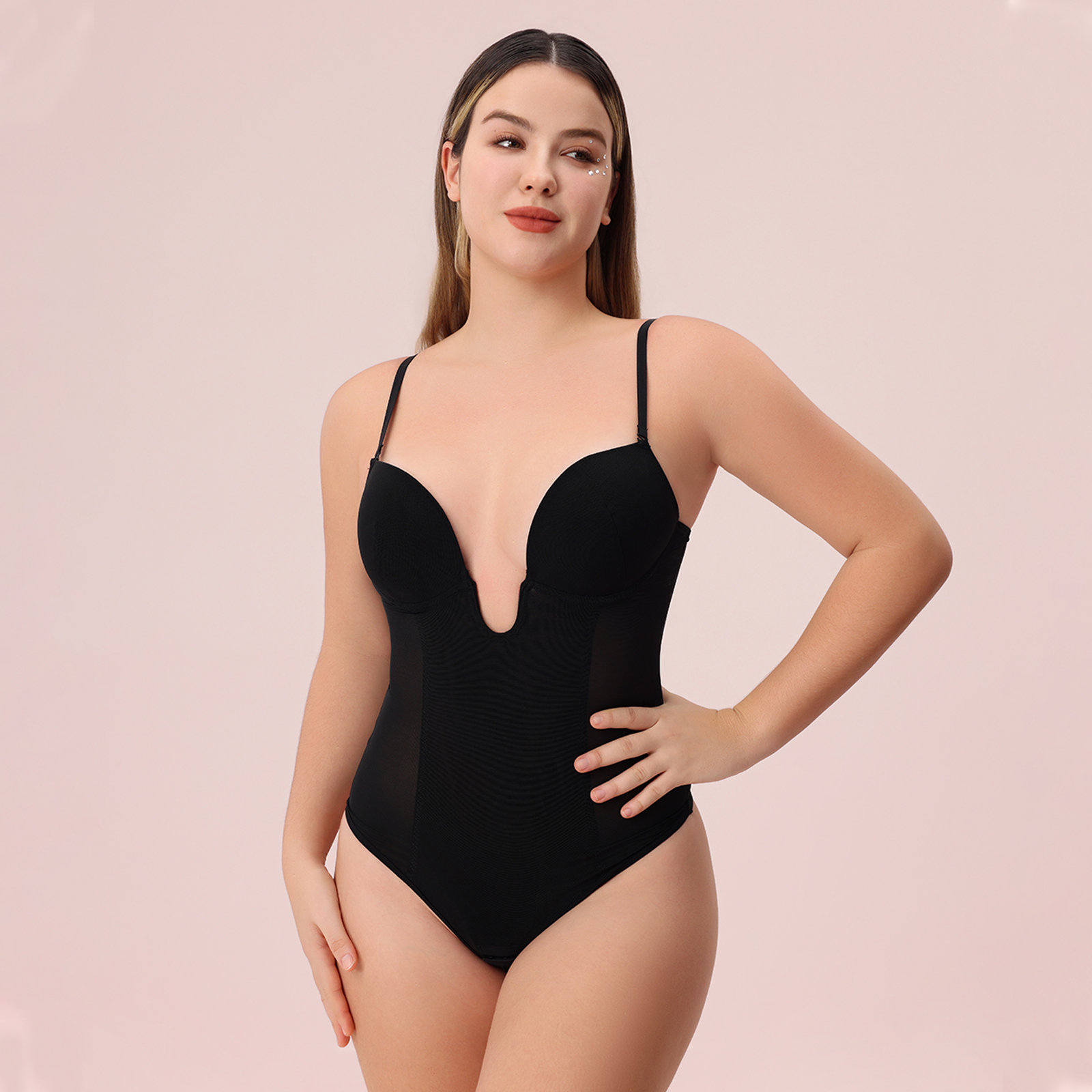  U Plunge Thong Shapewear Bodysuit - Black