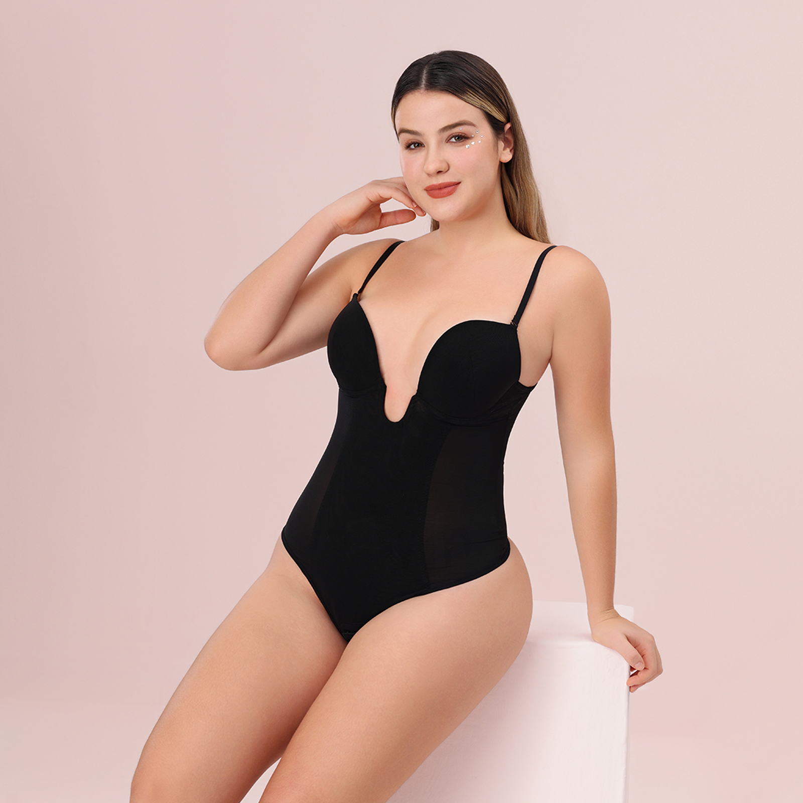  U Plunge Thong Shapewear Bodysuit - Black