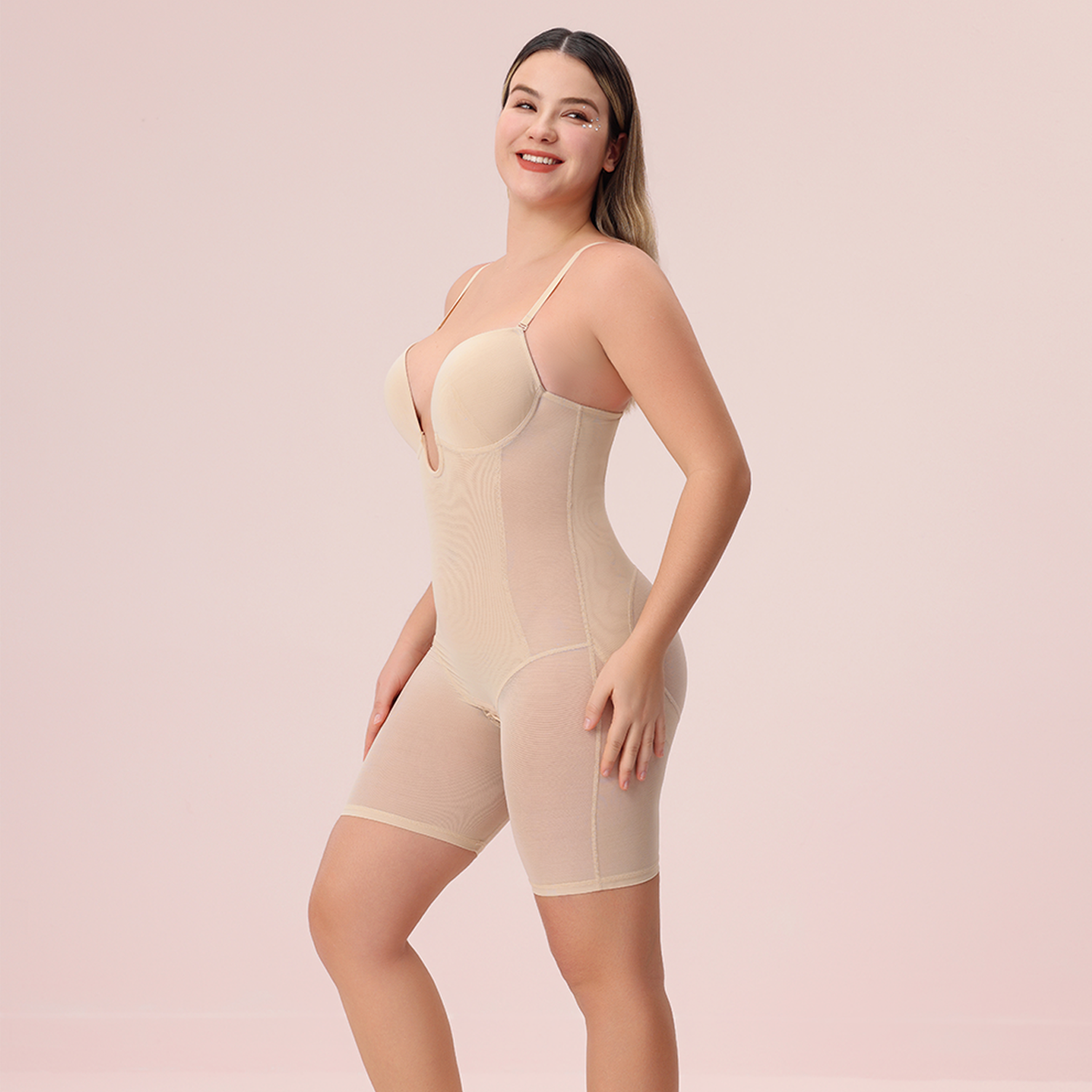 U Plunge Mid Thigh Shapewear Bodysuit - Beige