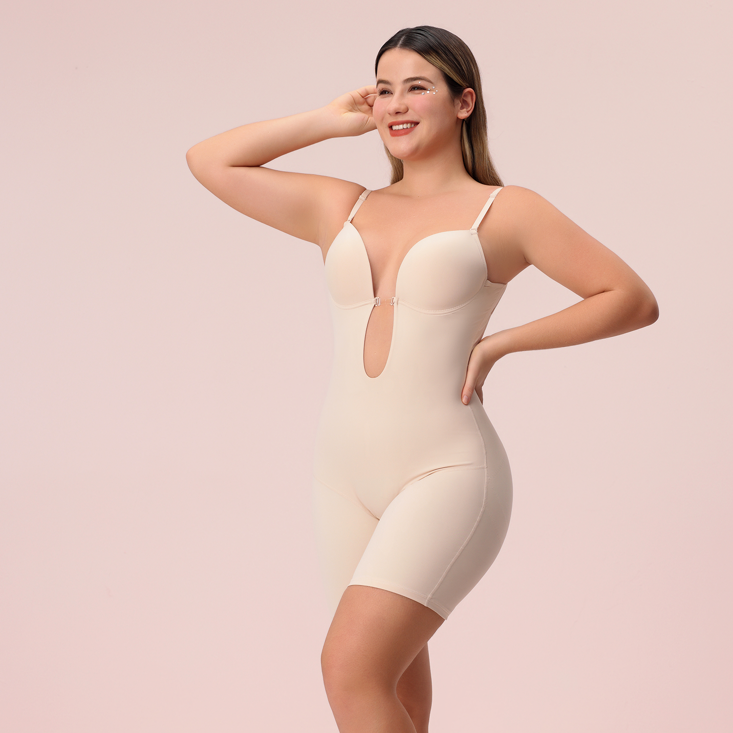 Seamless Backless U Plunge Mid Thigh Bodysuit 