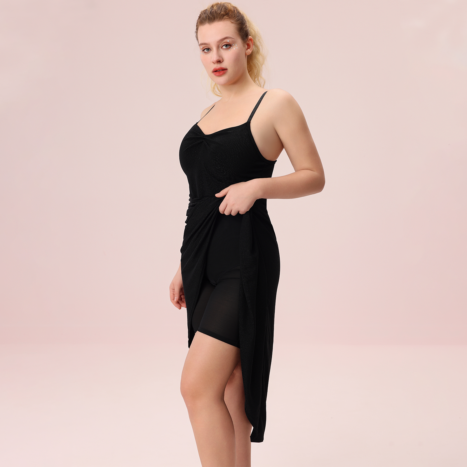 Glitter Tight Tummy Control Shaper Dress with Shapewear Bodysuit-Black