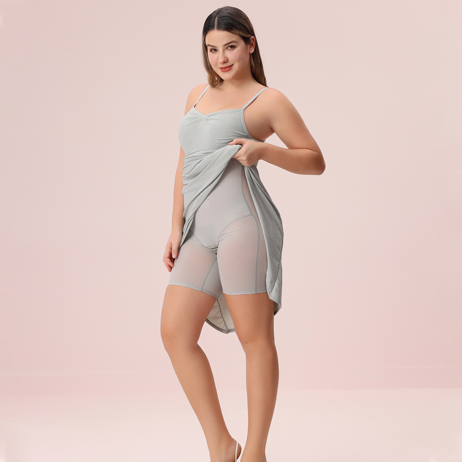 Glitter Tight Tummy Control Shaper Dress with Shapewear Bodysuit -Grey