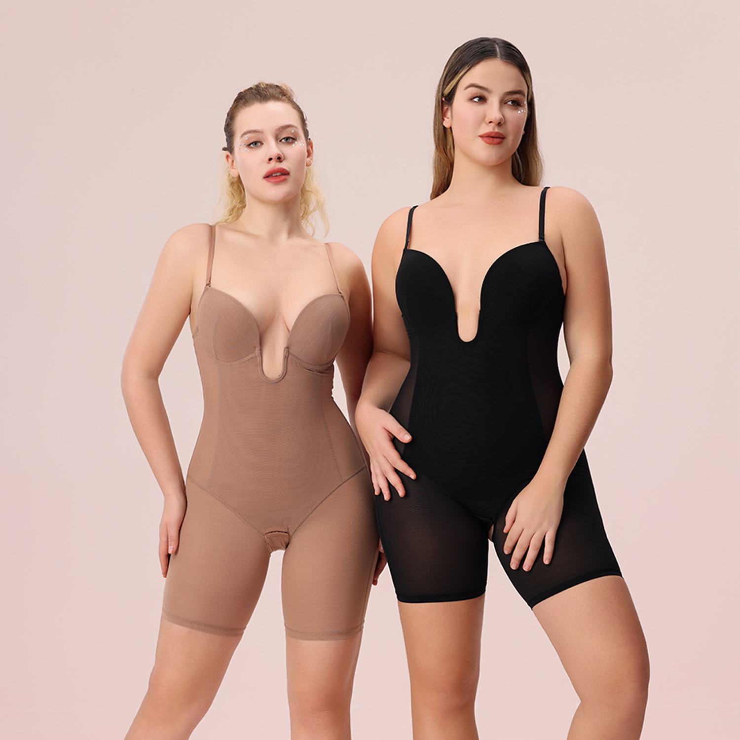 U Plunge Mid Thigh Shapewear Bodysuit -Black