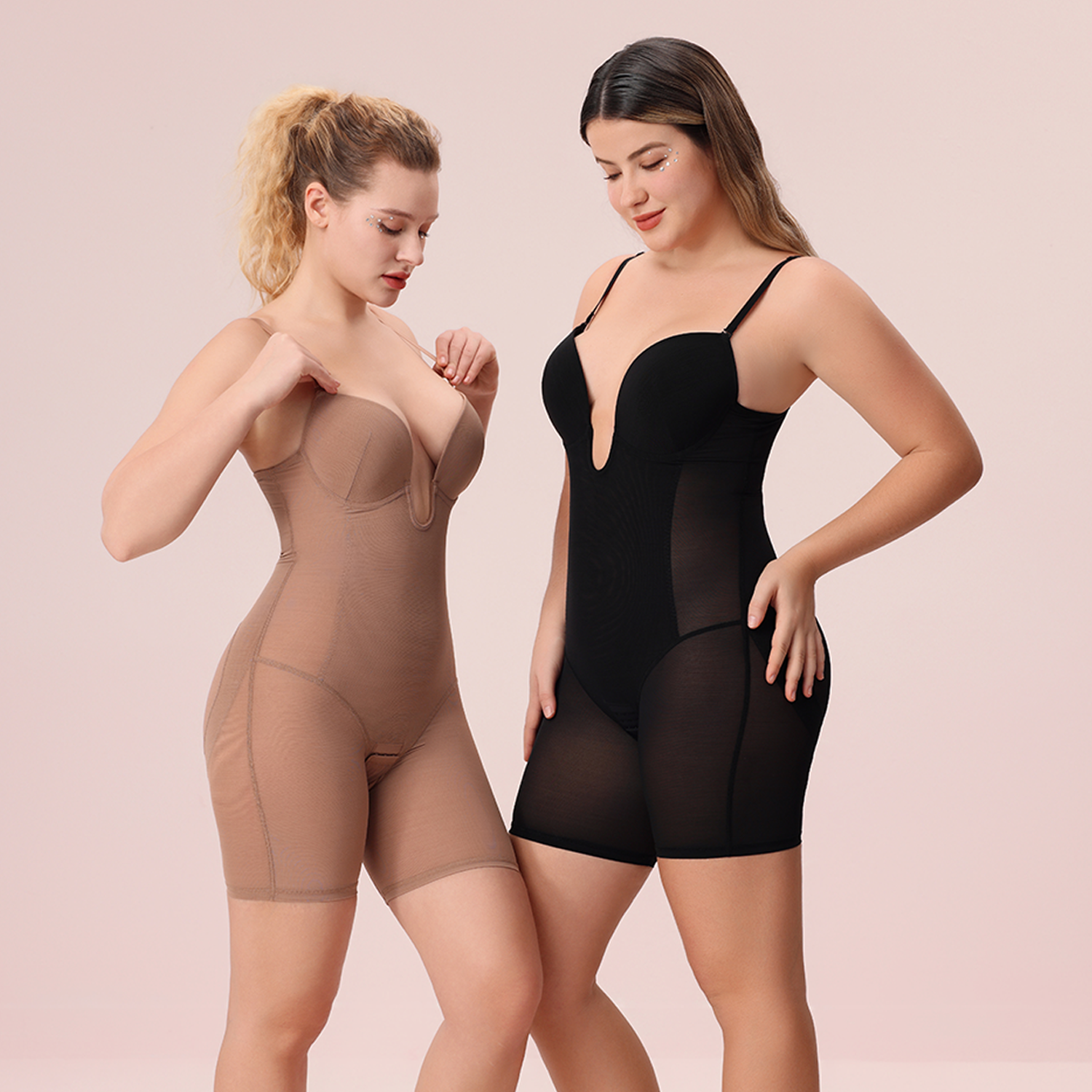 U Plunge Mid Thigh Shapewear Bodysuit -Black