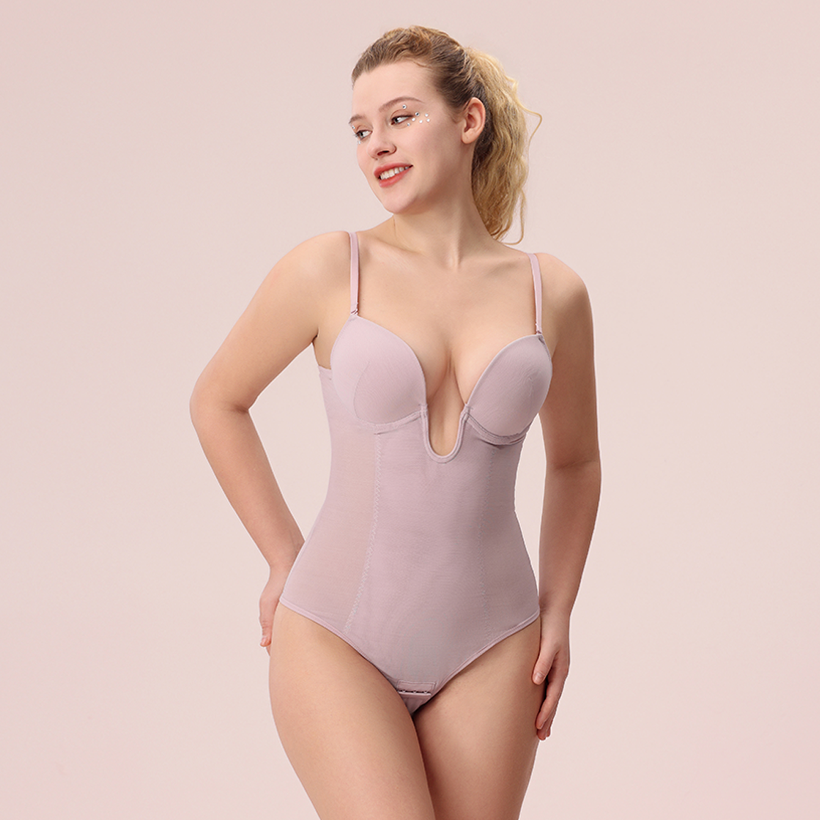  U Plunge Thong Shapewear Bodysuit - Pink