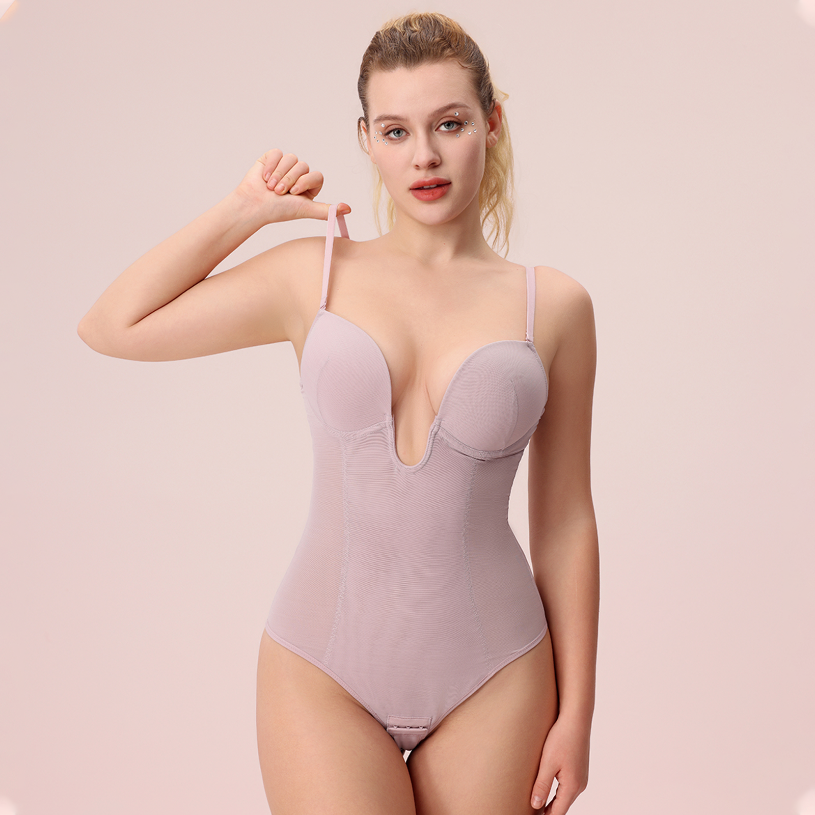  U Plunge Thong Shapewear Bodysuit - Pink