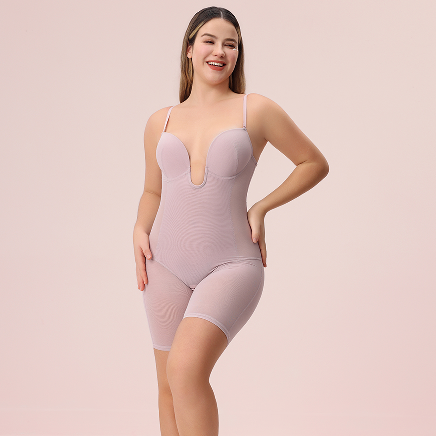 Seamless U Plunge Mid Thigh Bodysuit - Pink
