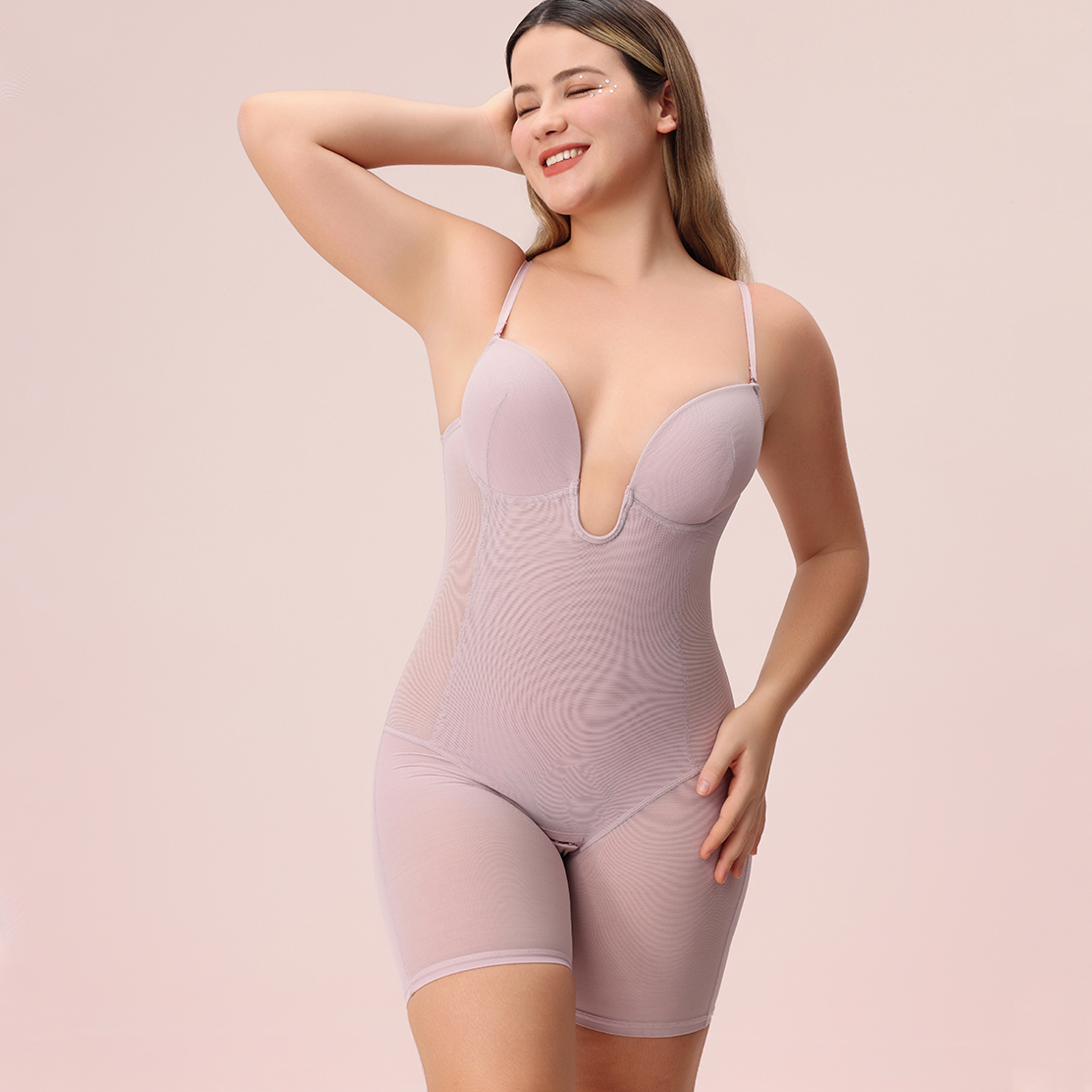 Seamless U Plunge Mid Thigh Bodysuit - Pink