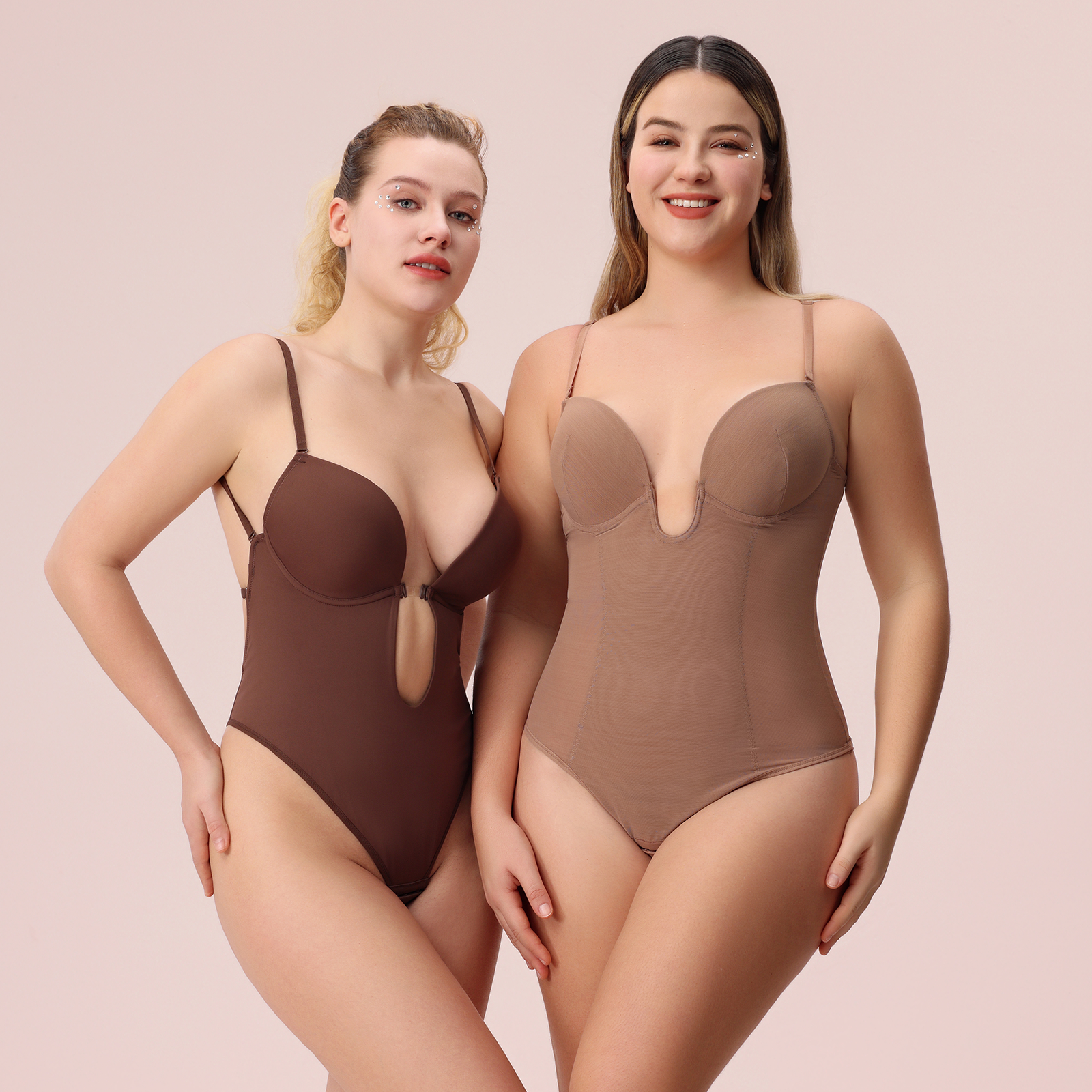 Stereoscopic Cups Backless Plunge Shapewear Bodysuit - Pink