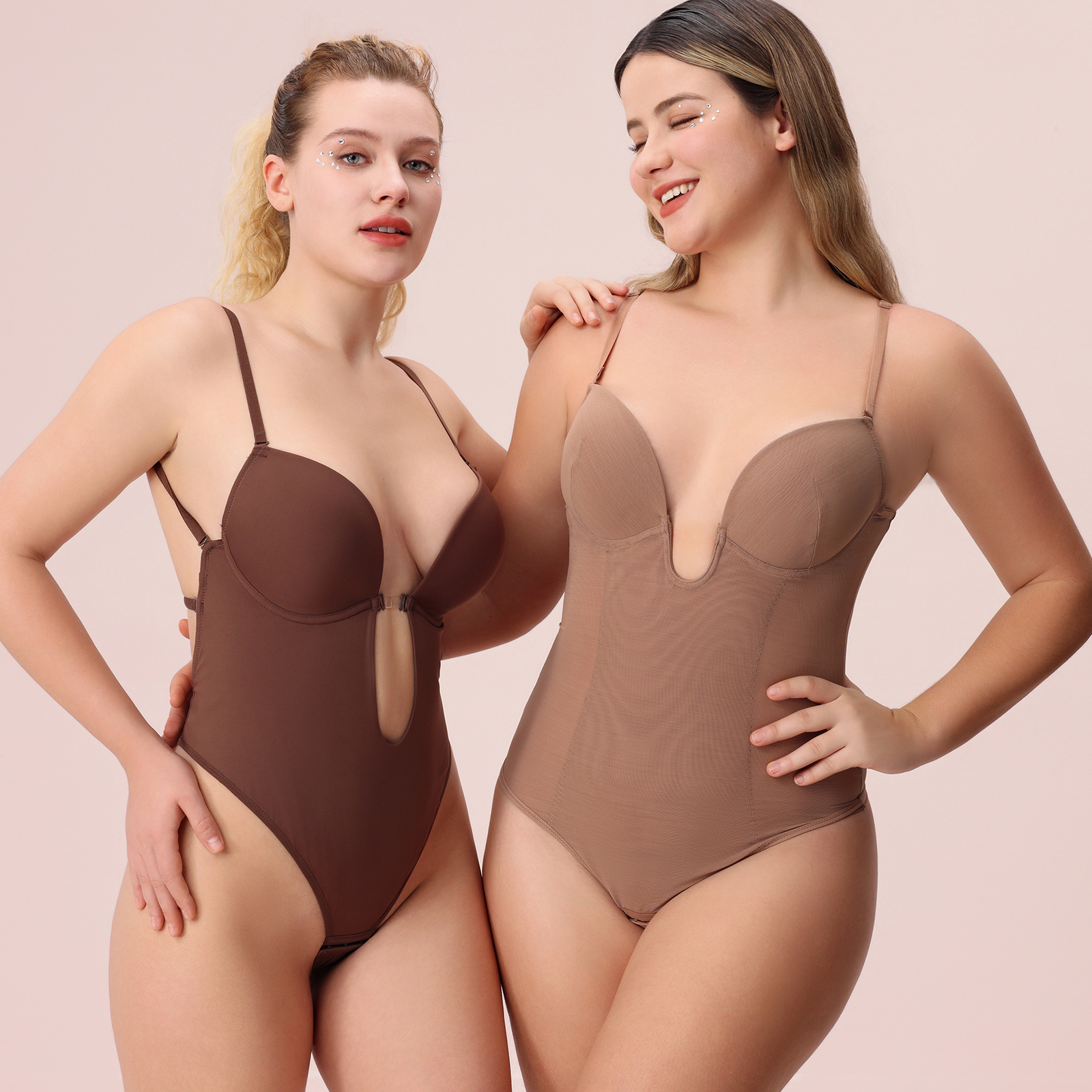 Stereoscopic Cups Backless Plunge Shapewear Bodysuit-Skin Pink