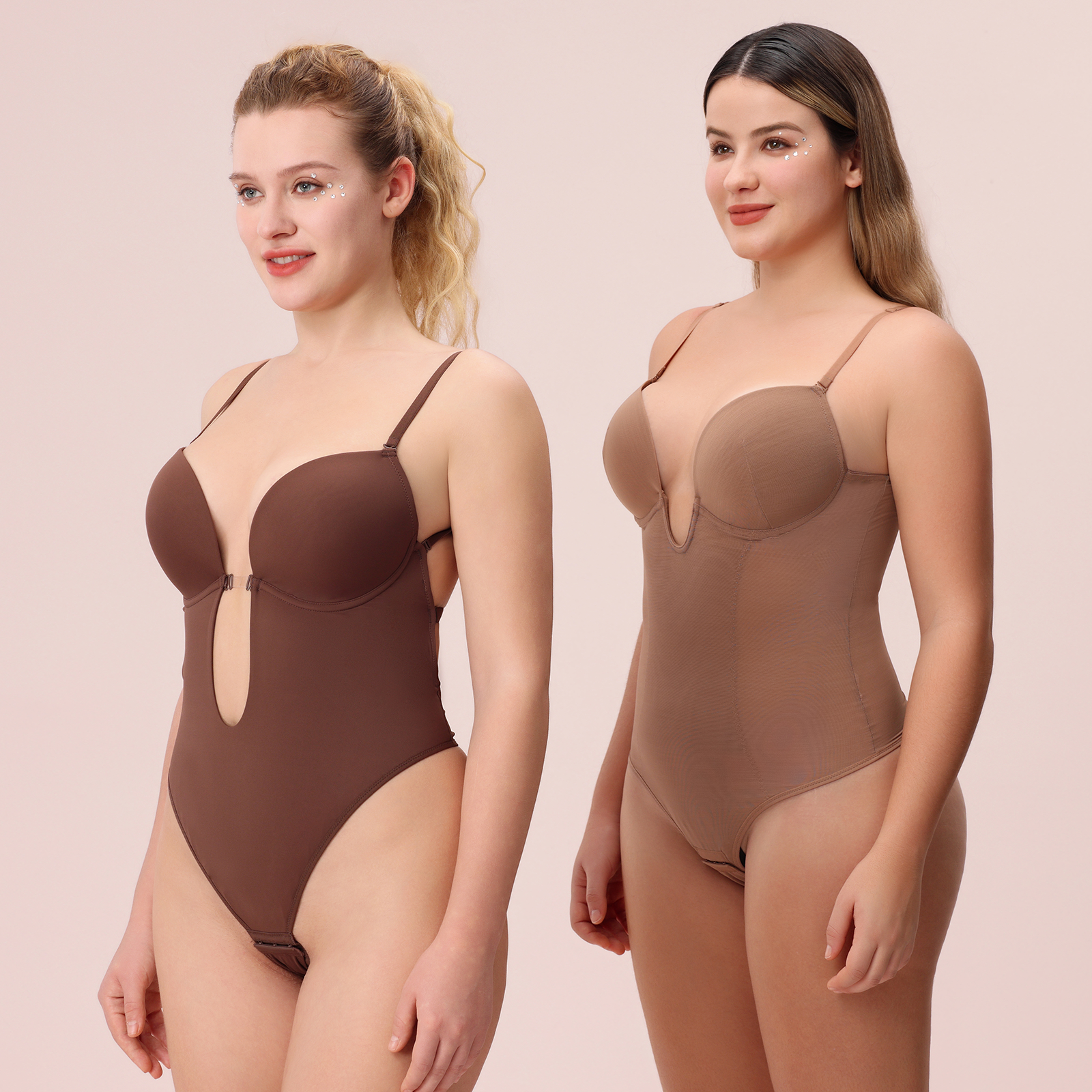 Stereoscopic Cups Backless Plunge Shapewear Bodysuit - Pink