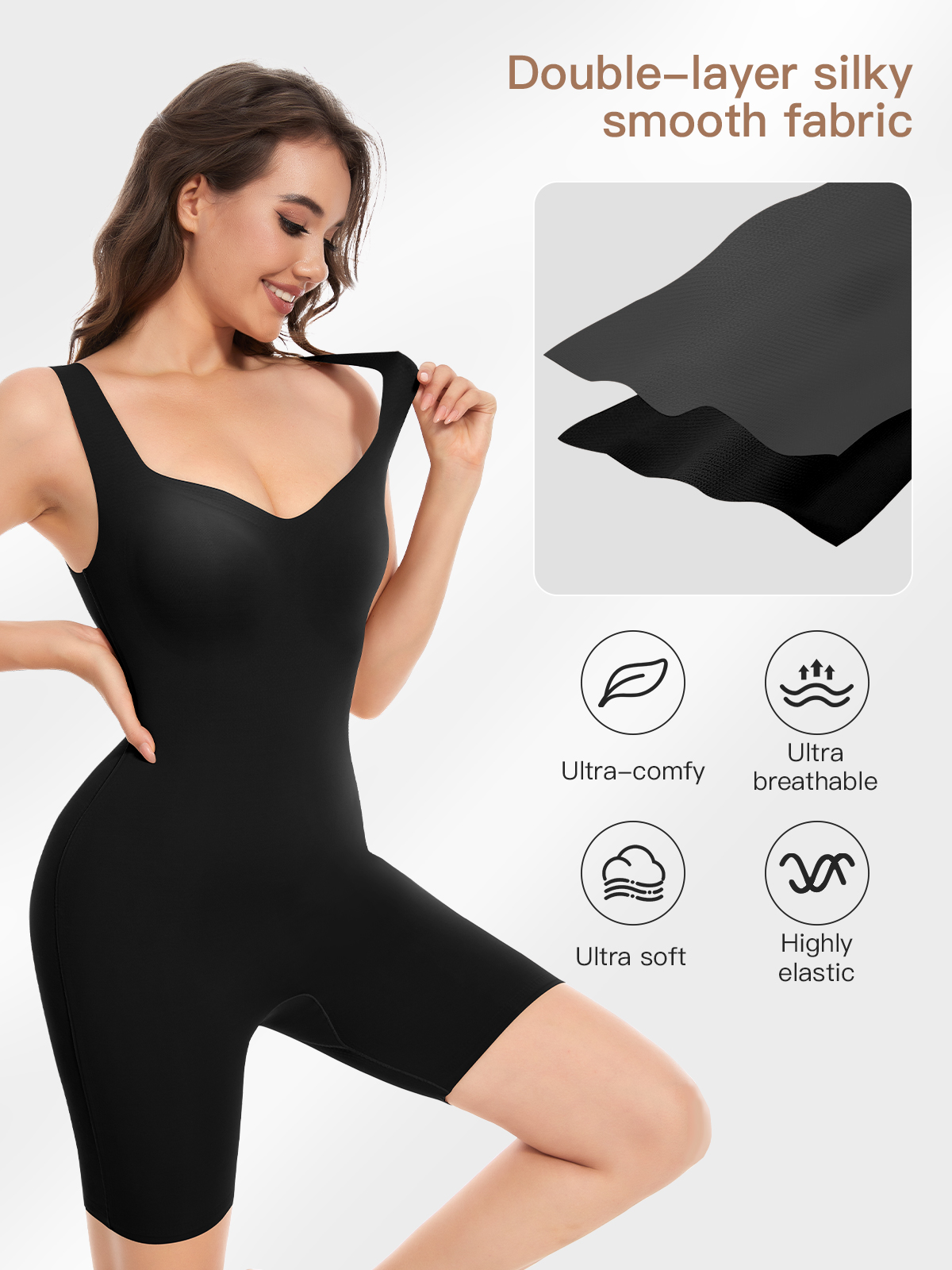 Seamless Mid Thigh Bodysuit Built In Bra-Black