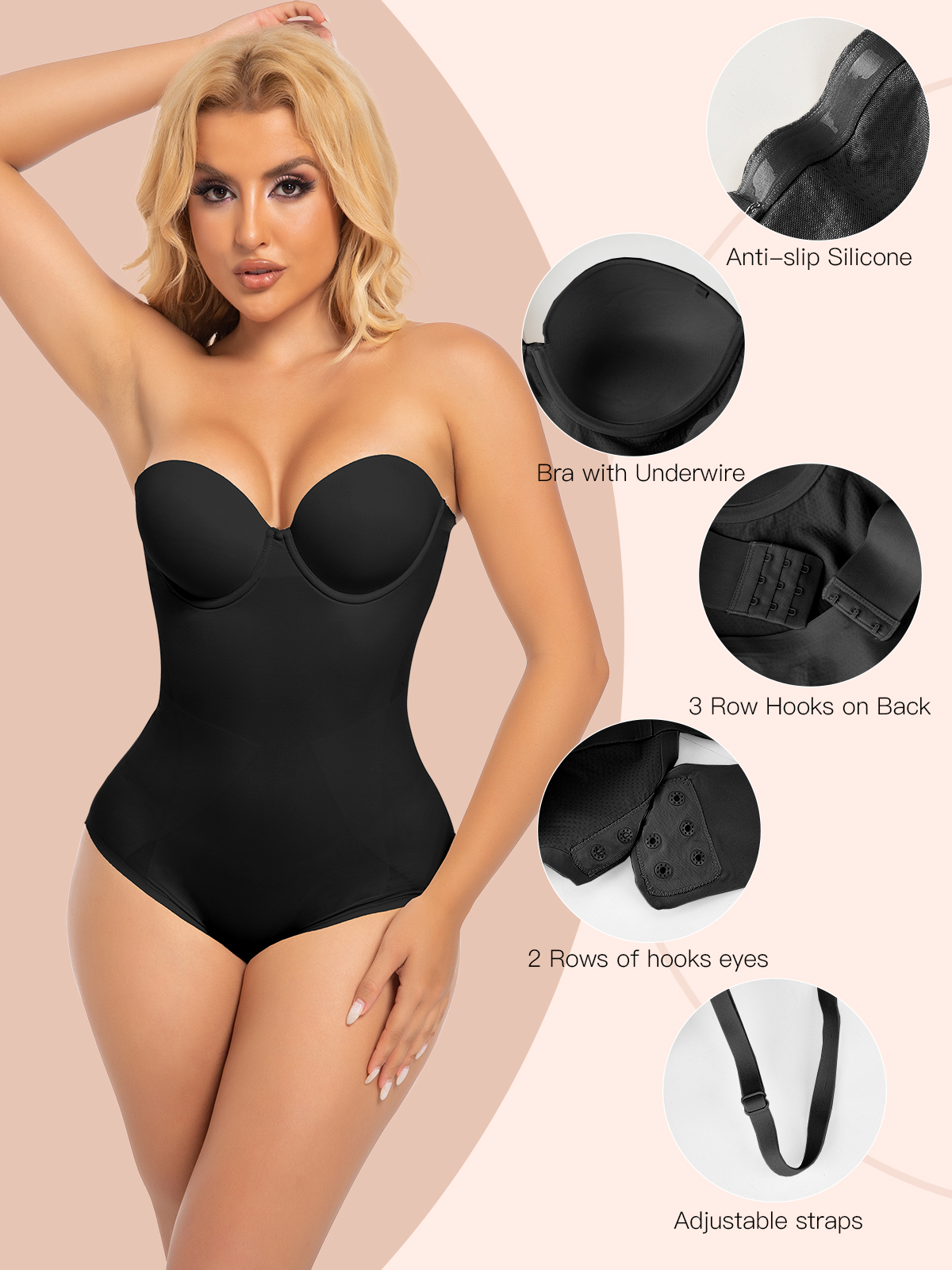 Seamless Bras Thong Bodysuit with Removable Strap