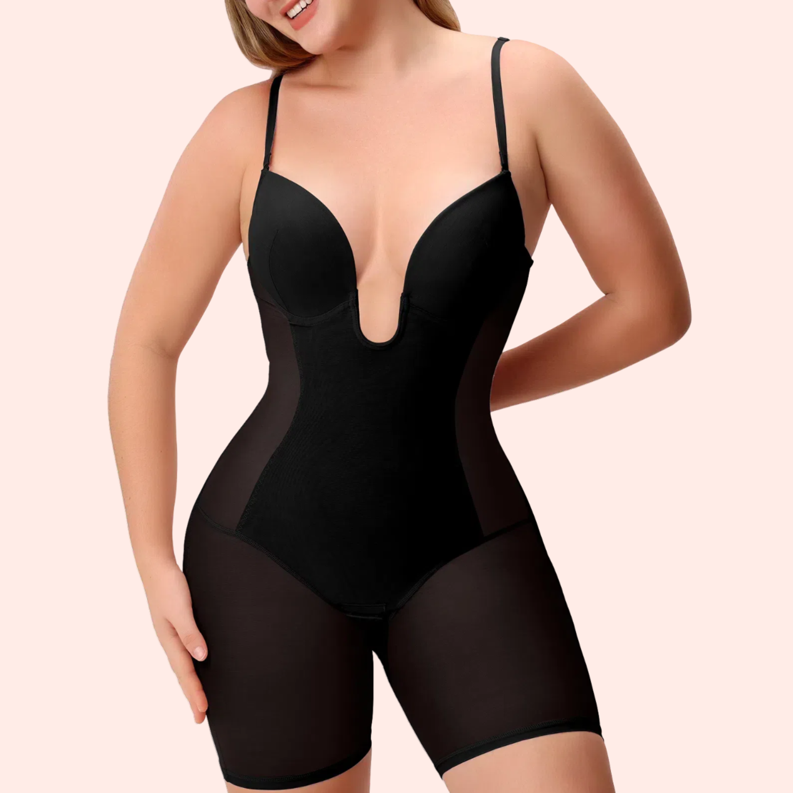 U Plunge Mid Thigh Shapewear Bodysuit -Black