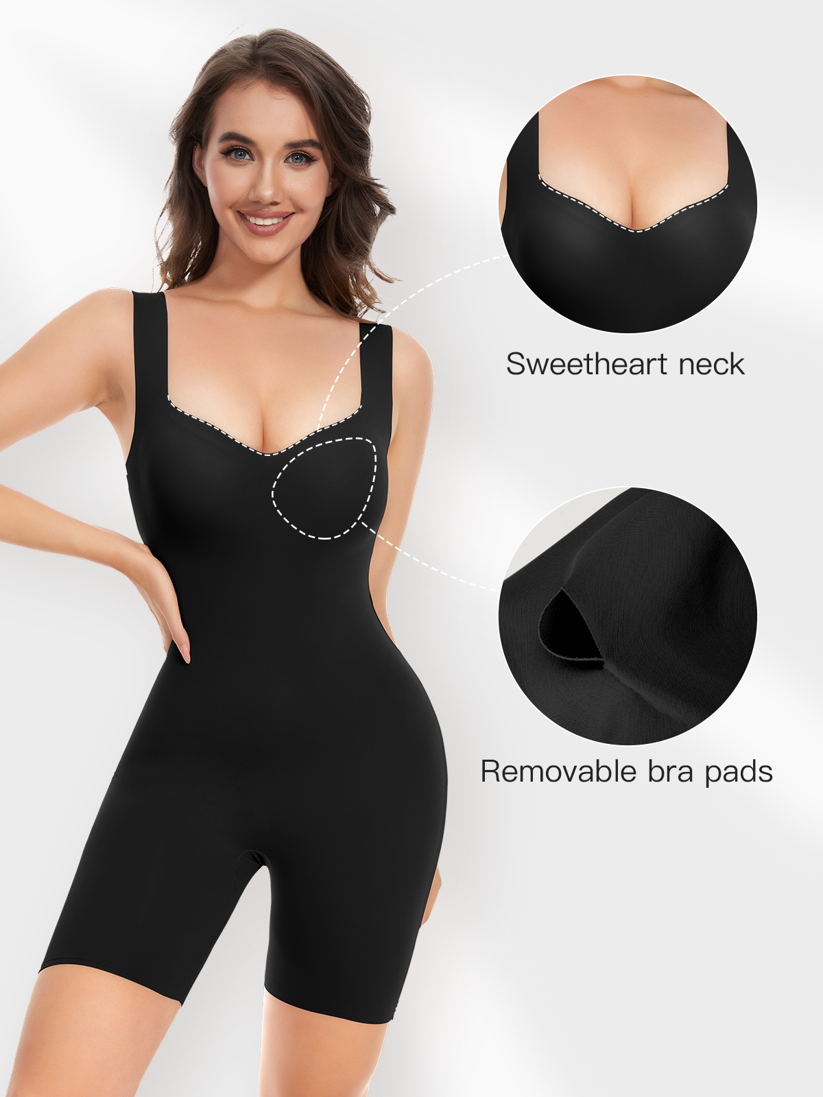 Seamless Mid Thigh Bodysuit Built In Bra-Black