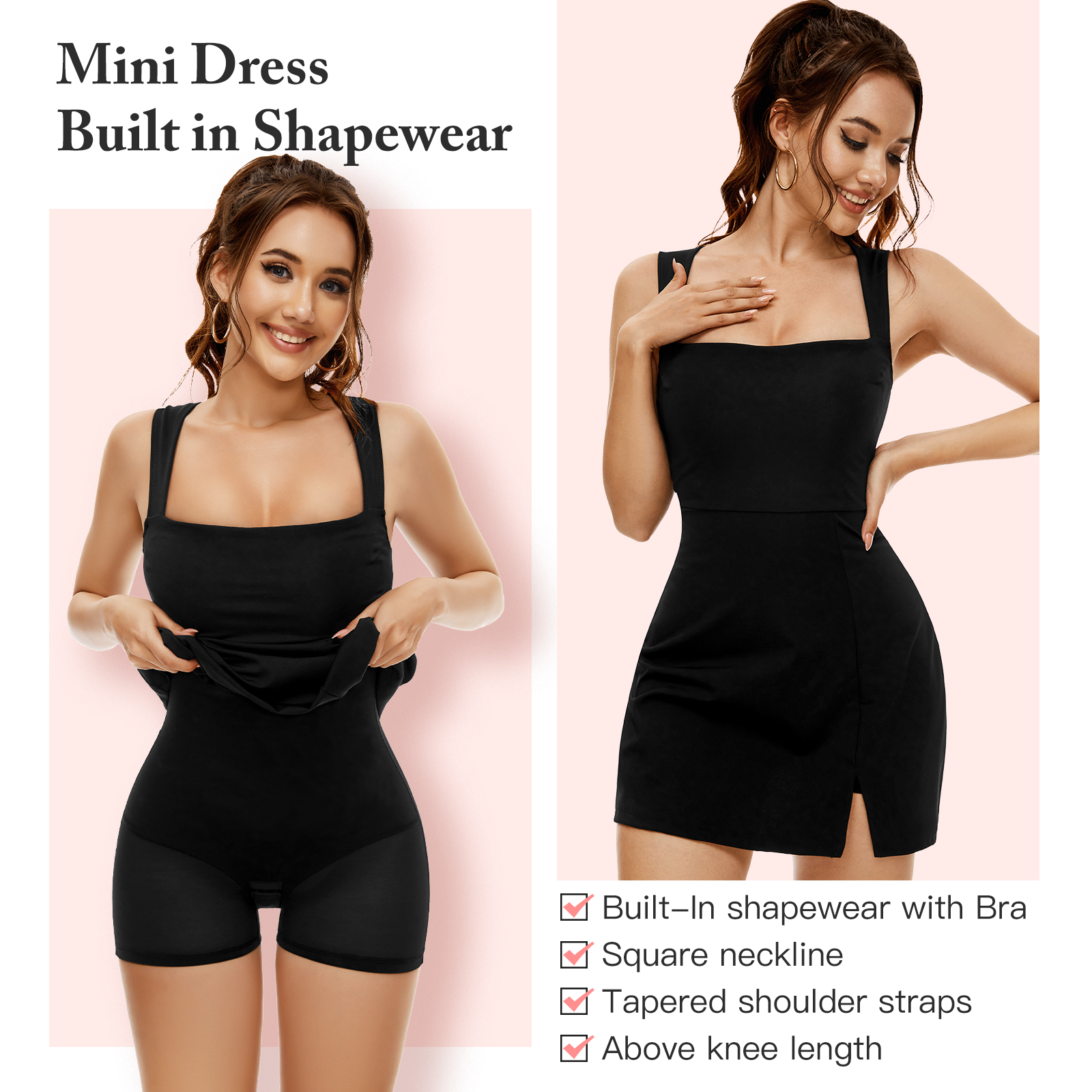 Double Layer Square Neck Mini Shaper Dress-Black
