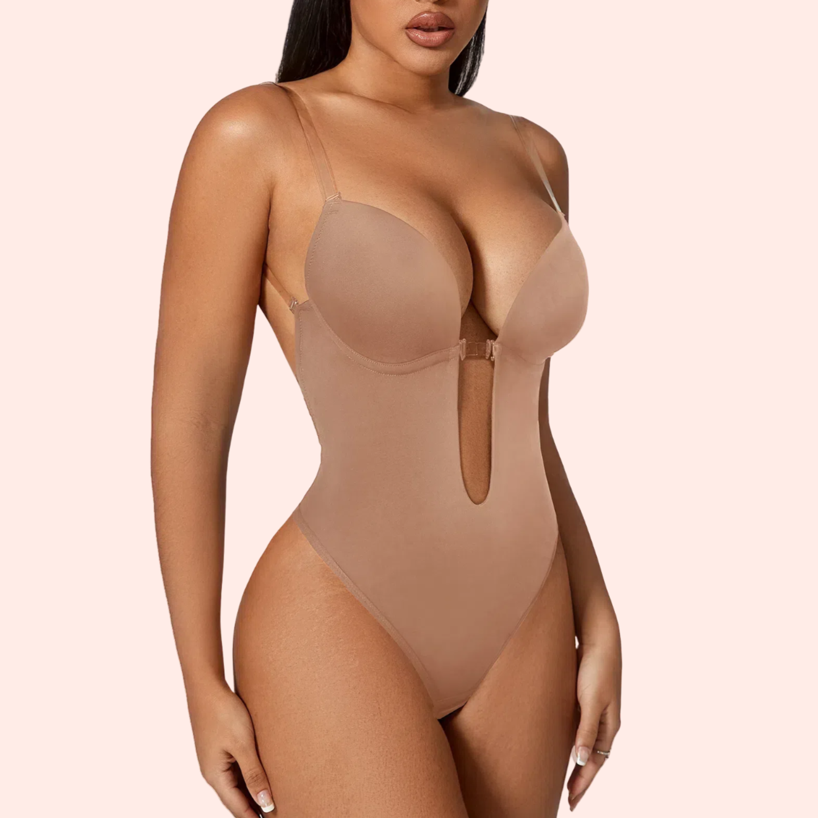 Stereoscopic Cups Backless Plunge Shapewear Bodysuit-Skin Pink