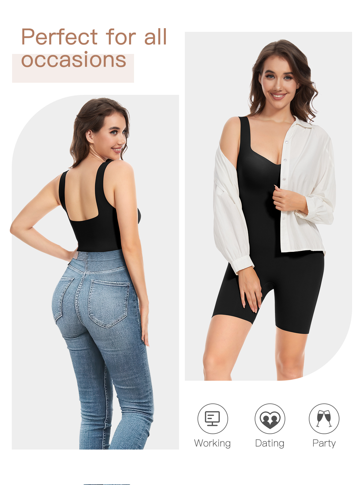 Seamless Mid Thigh Bodysuit Built In Bra-Black