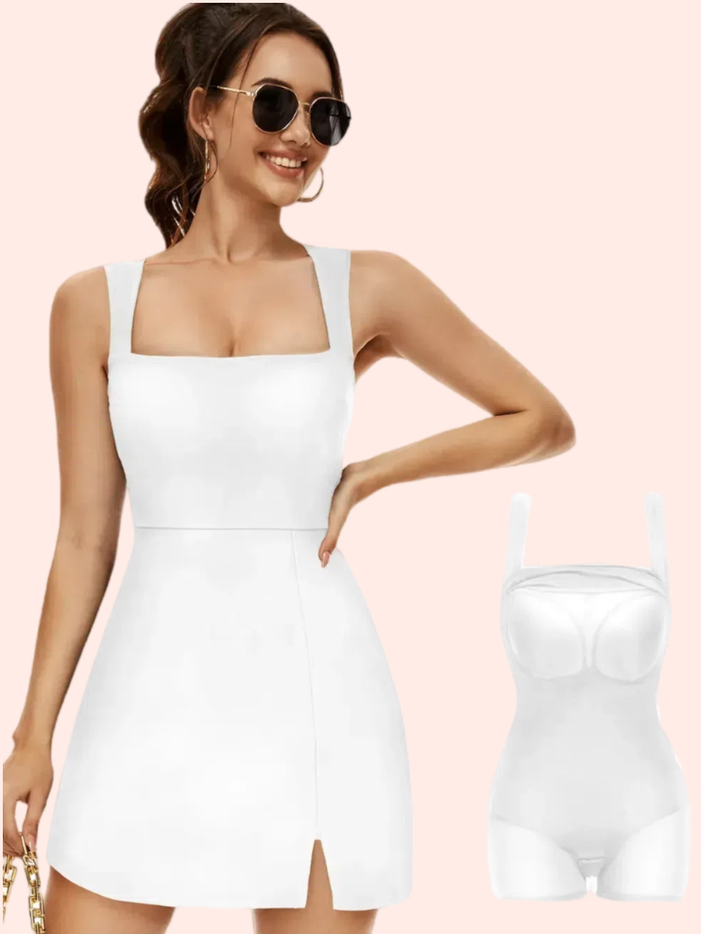 Double Layer Square Neck Mini Shaper Dress-White